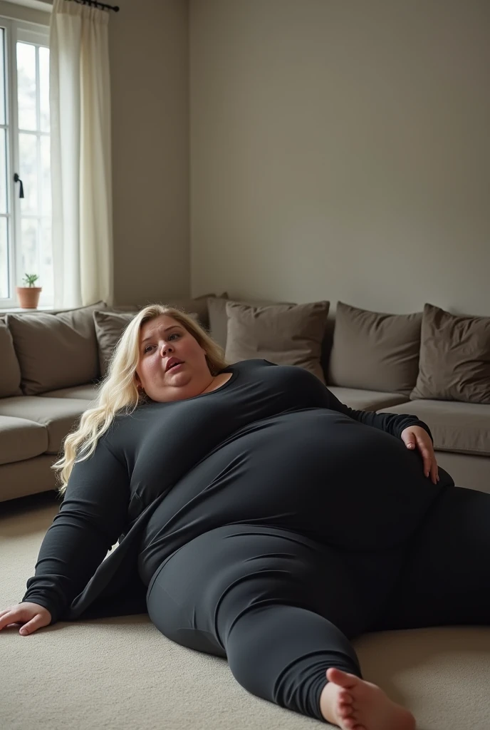 Fat woman, 40 years old white Caucasian woman, bending over in the couch, living room, long straight blonde hair, serious, chubby, bbw, casual, cleavage, thick thighs 