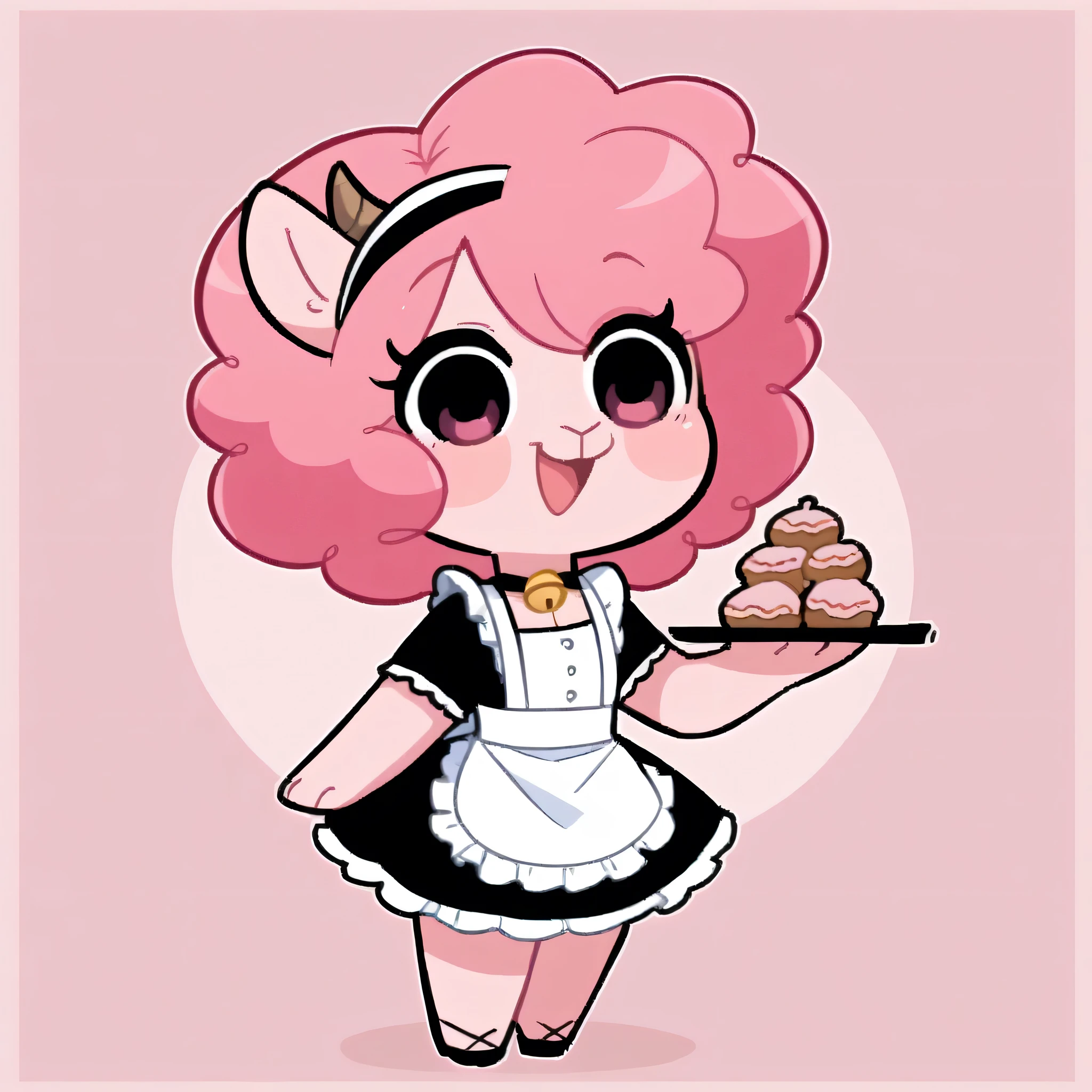better quality, very detailed illustration ( Anthropomorphic furry sheep:1,7) , femboy, ruffled voluminous bouncy hair , delgado, chibi body, simple drawing, Artifyber style , pastel flat colors , beautiful, cartoon ,solo,baker, short curly pink hair, maid clothes, frilly apron, a smile, fluffy curly tail, sheep ears, bell collar, ram horns, cute, holding tray of cookies