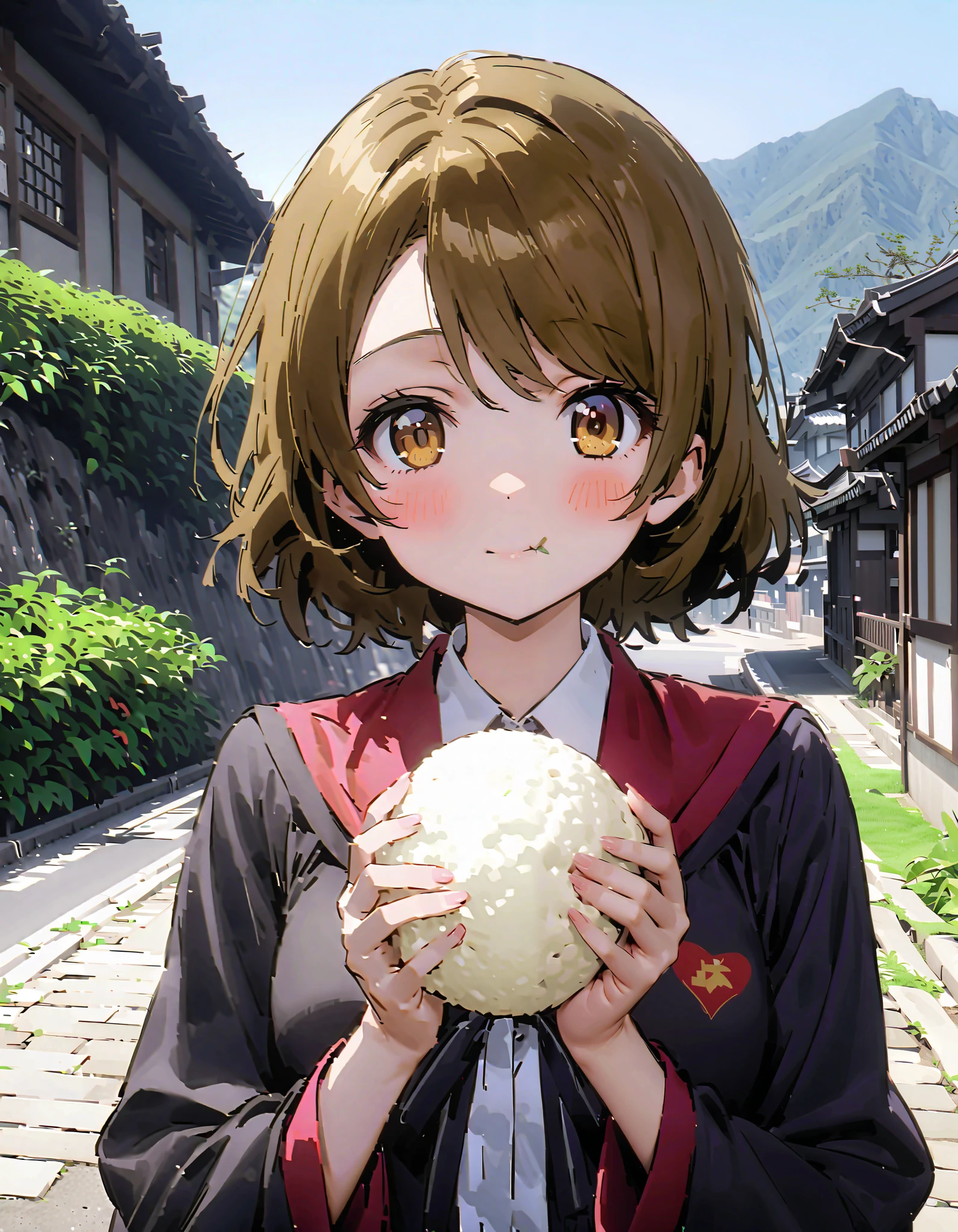 Hanayo Koizumi, ショートヘア, 茶髪, 紫色の目,巨乳,胸の谷間,麦わら帽子,タンクトップ,タンクトップの裾を縛っている,オーバオール,長ズボン,農業用ブーツ,田んぼ,山,川,柵にもたれてある,立っている,両手で三角おにぎりを持っている,eating rice ball,昼間, 全身がイラストに入るように, 壊す looking at viewer,全身,
壊す outdoors, 田舎, 農家
壊す (傑作:1.2),最高品質 ,カンパラ,unity 8k 壁紙,(形:0.8),( 細かくて美しい目 :1.6),それは人だ,全身写真,CGの詳細, (完璧な手,完全な解剖学),),