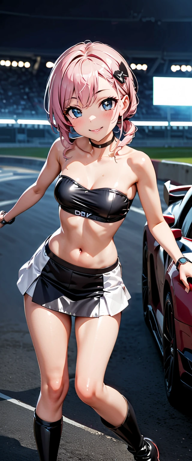 jumping, , dynamic angle, (((Light blue panties))), 1 Girl、Beautiful silver hair、((((Very short hair))))、Blue eyes、(hair band)、((Blunt bangs)), small 、22 years old, (tsurime), Tight waist、smile、Natural lighting、Very cute face, Cute pose、Monte Carlo Street Circuit, Racing Car, Racing Bike, Promotion Girl, Grid Girls, The promotional costumes are exquisitely tailored., paying meticulous attention to detail, Lace-up boots, Short sleeve, Cropped tops, , Tube top bra, Knee-length, Exposing shoulders, Knee-lengthグリッターナイロンプリーツスカート, Asymmetrical medium size nylon pleated skirt, Promotional wear with logo, Red and white glitter promotional wear、Shallow depth of field