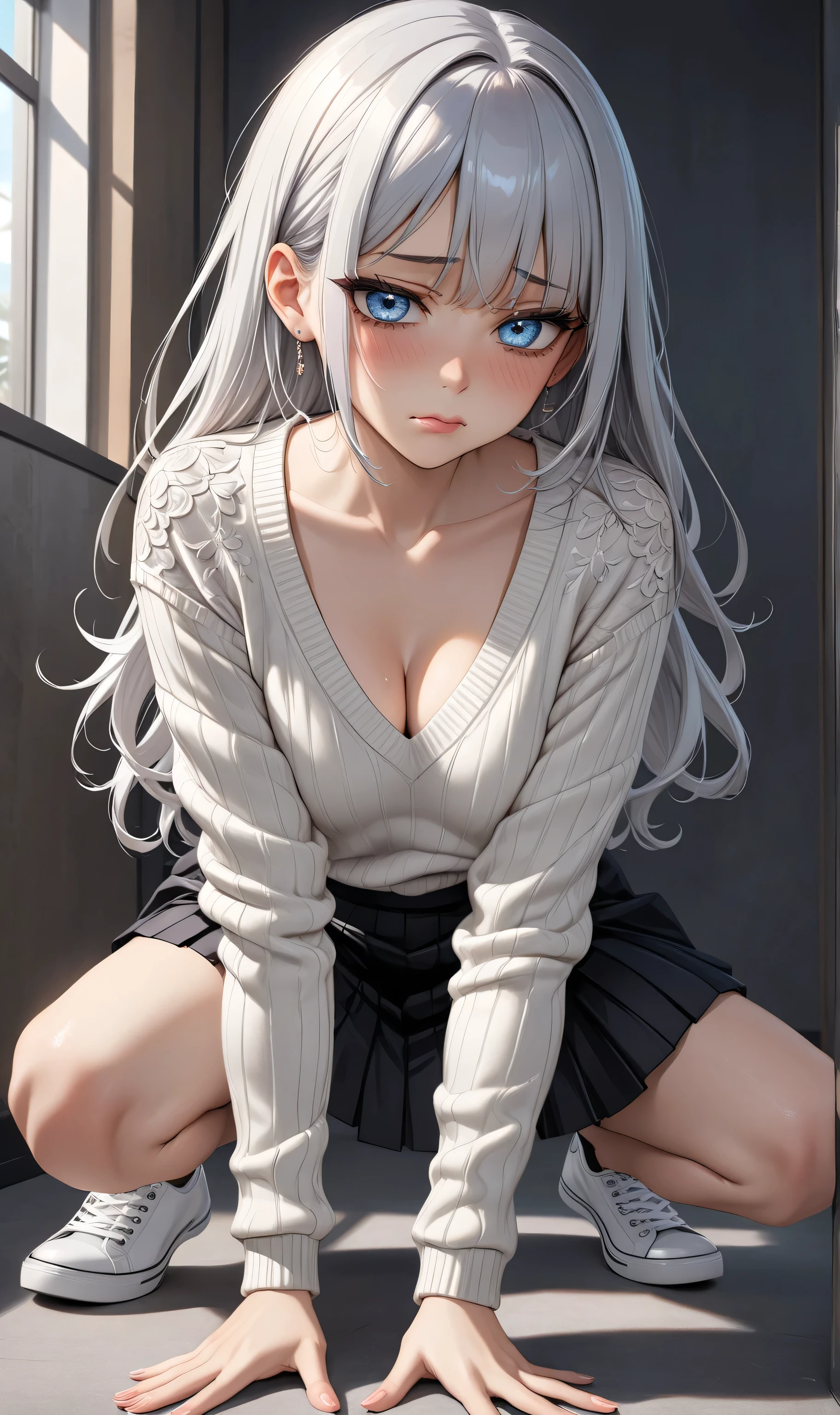 Character Details:, - Gender: 1 Girl.
- Style: Anime, - Body Type: Attractive body, nice body, nice legs, tights, nice arms, nice shoulders. - Breast: (Breast:1.2)- Facial Feature: Beautiful, Gorgeous, ager, Fresh, Young.
- Expression: Small smile, shy Look, (blue pink eyes). - Hairstyle: Blunt Bangs. - Hair Color: (White Grey Hair:1.5), (Straight and Wavy Long Hair:1.3),
- Clothing: (Jacket:1.4) (Tank Top:1.2) (White Skirt:1.2) (Stocking:1.2). - Body Pose: (Sitting:1.3) - Behaviour: Waiting, Want Something, Secretly.
- Accessories: Earrings, Thin Black Headband, Green Accessories, Environmental Details:, - Setting: Bed Room., - Lighting: Natural Light., - Decoration: Modern Bed, Chair, Window, White Curtain, City View. Top view. pov, anime style, UHD, retina, masterpiece, accurate, anatomically correct, textured skin. One Hand on cheek, one hand down.