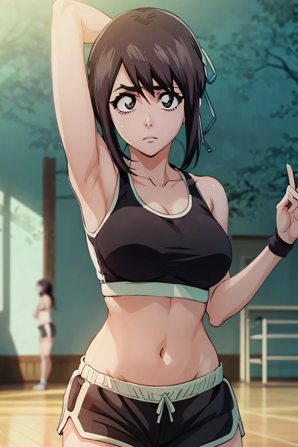 Momo Hinamori, wearing skimpy black sport bra and skimpy black shorts, standing in a gym, showing her armpit, sport bra and shorts, My Hero Academia art style, sexy pose, beautiful, masterpiece, detail, high quality, sexy pose showing her armpit