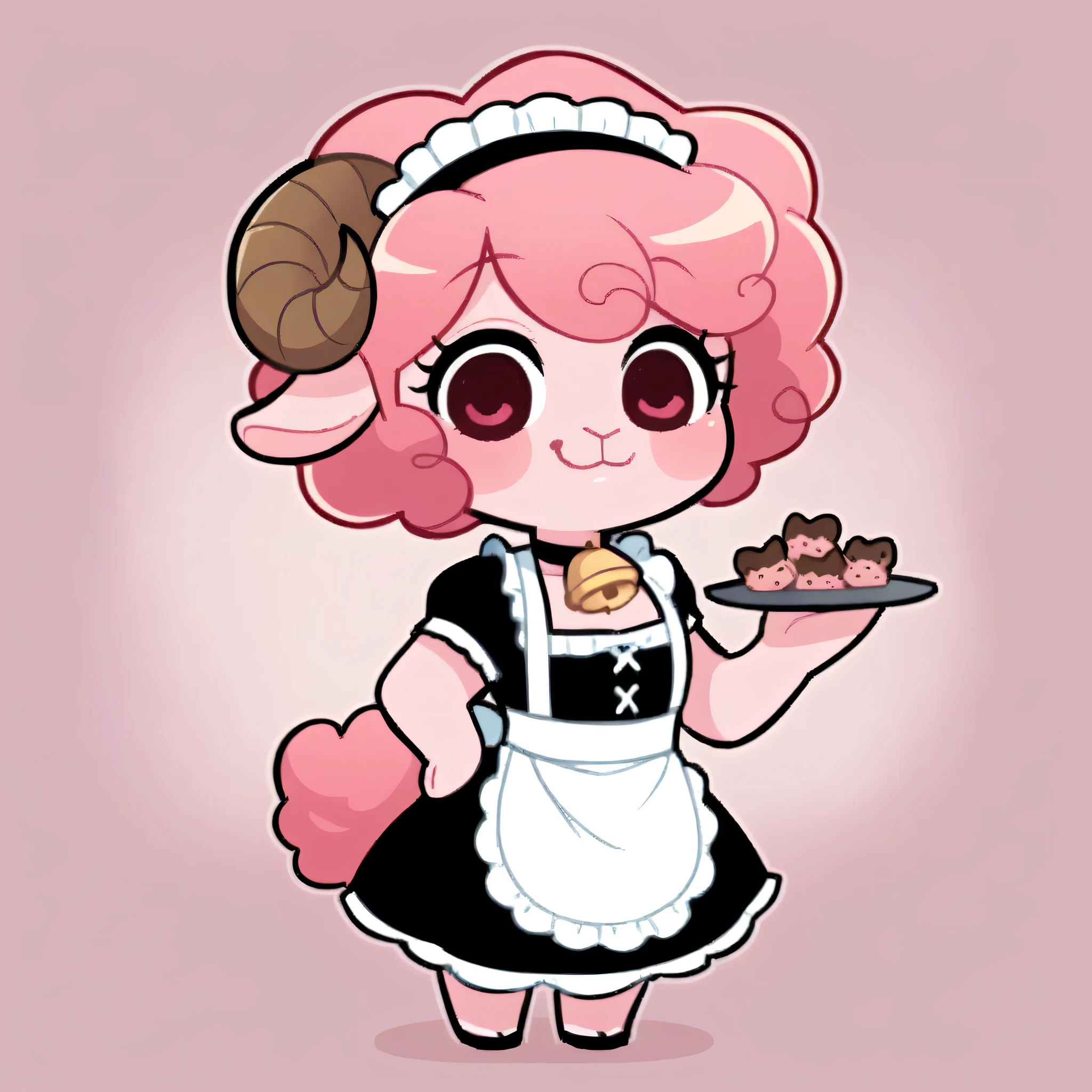 better quality, very detailed illustration ( Anthropomorphic furry sheep:1,7) , femboy, ruffled voluminous bouncy hair , delgado, chibi body, simple drawing, Artifyber style , pastel flat colors , beautiful, cartoon ,solo,baker, short curly pink hair, maid clothes, frilly apron, a smile, fluffy curly tail, sheep ears, bell collar, ram horns, cute, holding tray of cookies