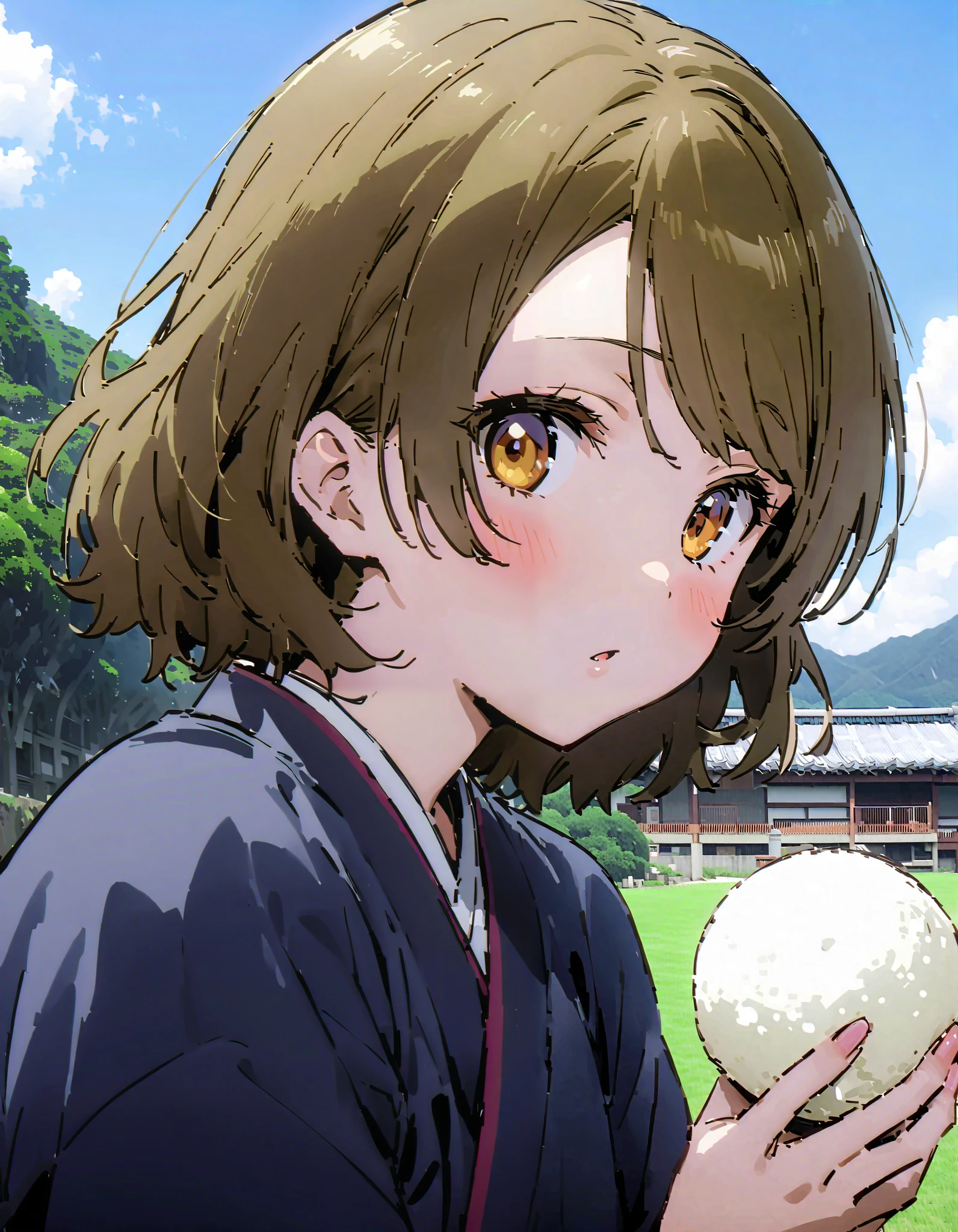 Hanayo Koizumi, ショートヘア, 茶髪, 紫色の目,巨乳,胸の谷間,麦わら帽子,タンクトップ,タンクトップの裾を縛っている,オーバオール,長ズボン,農業用ブーツ,田んぼ,山,川,柵にもたれてある,立っている,両手で三角おにぎりを持っている,eating rice ball,昼間, 全身がイラストに入るように, 壊す looking at viewer,全身,
壊す outdoors, 田舎, 農家
壊す (傑作:1.2),最高品質 ,カンパラ,unity 8k 壁紙,(形:0.8),( 細かくて美しい目 :1.6),それは人だ,全身写真,CGの詳細, (完璧な手,完全な解剖学),),