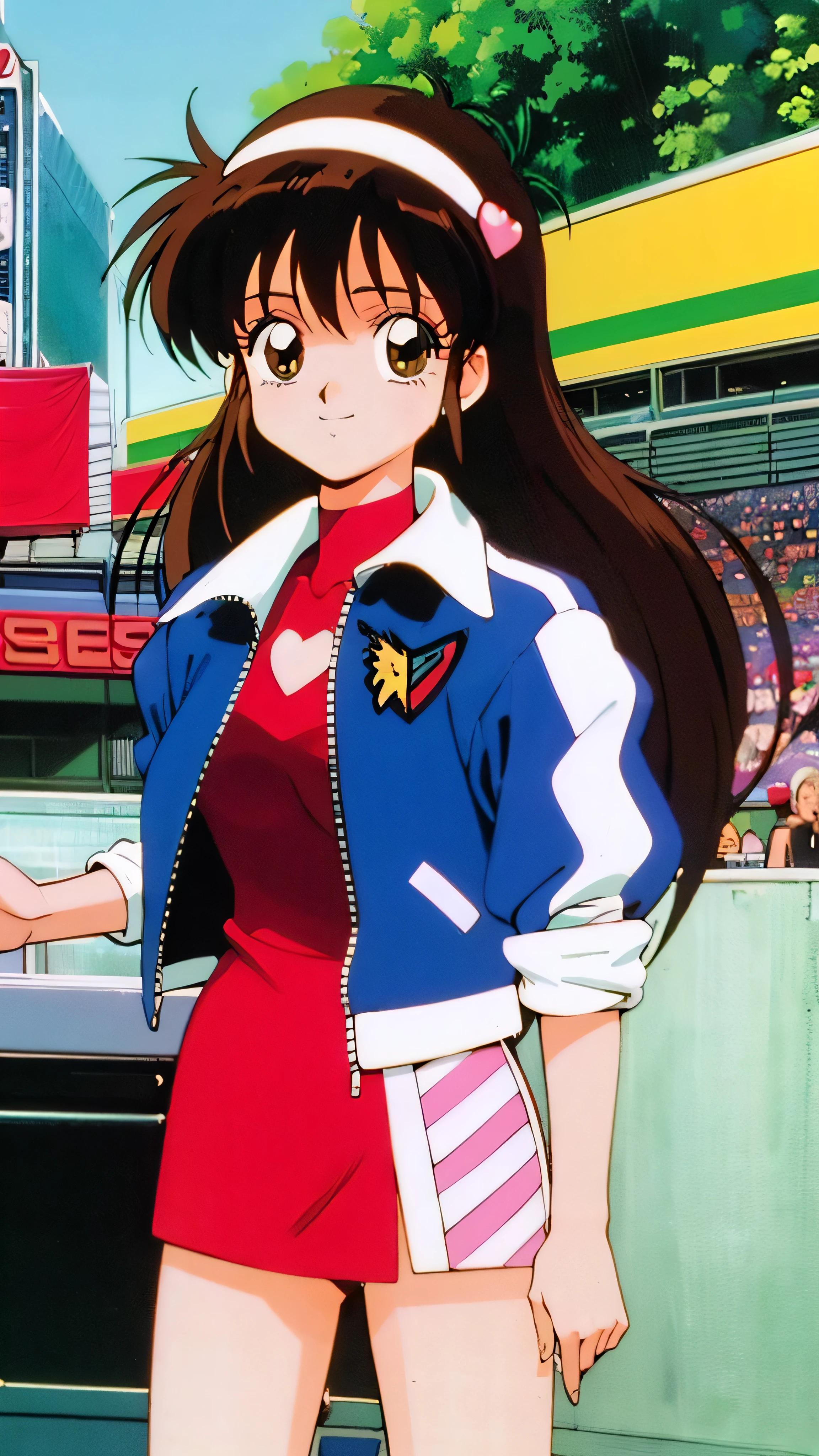 Asusdol, One Girl , Alone, green eyes, heart, hair ornament, jacket, dress,retro art style for stilets,1990s ( style for stilets), looking at viewer, smile, outdoor, null, cowboy shot , clevis cut out, race queen ,round butt