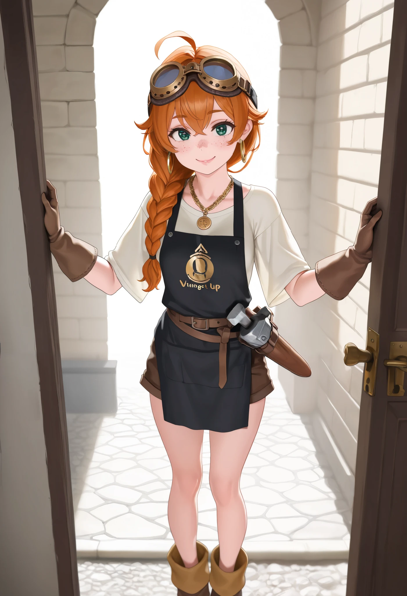 (((Highly detailed, sharp detail, vibrant colors, masterpiece, ultra-realistic, 8K, 4K, cinematic lighting, Extremely detailed, perfect hands, detailed eyes, absurdres, hires, highres, good hands, detailed hands, detailed background, detailed clothes, extreme detail)), (A 21 year-old with a young and prepubescent Dwarf female, Petite and Skinny figure, (((((Very short dwarf female standing at 137 cm tall))))), Heart-shaped and youthful face, Full lips, super cute and beautiful, cute and youthful face), (Tiny and perky breasts, underneath clothes), (Dwarf species), Cute and cheerful pose, (Wearing linen shirt, black blacksmithing apron, blacksmithing gloves, brown leather shorts, leather tool belt, goggles, googles resting on her head, effortlessly attractive, Olive eyes, pale skin tone, heavy freckles, Small gold hoop earrings, gold necklace, Long ginger hair in long single braided hairstyle, ginger hair, blunt bags with strands framing face), ((Dwarf themed)), (Cottage style home background, Large front door, darker colored room, cottage decorations, Desk, forge), Knocking on a huge door, Standing Outside homes front door wanting to come inside, Standing, holding a small blacksmithing hammer, large forge, innocent and excited expression, JK, frontal view, Everything is bigger to the dwarf female