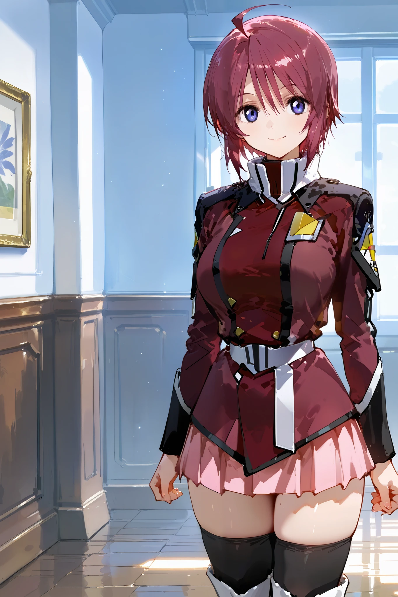 full body,cowboy shot,from front,
(extremely detailed CG,masterpiece, highres icon,absurdres,4K,f 2.8 lens), 1girl,mature_lady,alone, ( small face), pubic skin, Of light, charming body,Lewd Curves,
electile nipples through clothes,
happy smile,
Lunamaria Hawke,ahoge,short hair,blue eyes,red hair,ahoge,(large breast:0.8), Narrow waist,
destiny jacket,belt,pink miniskirt,pleated skirt,black thighhighs,knee boots,