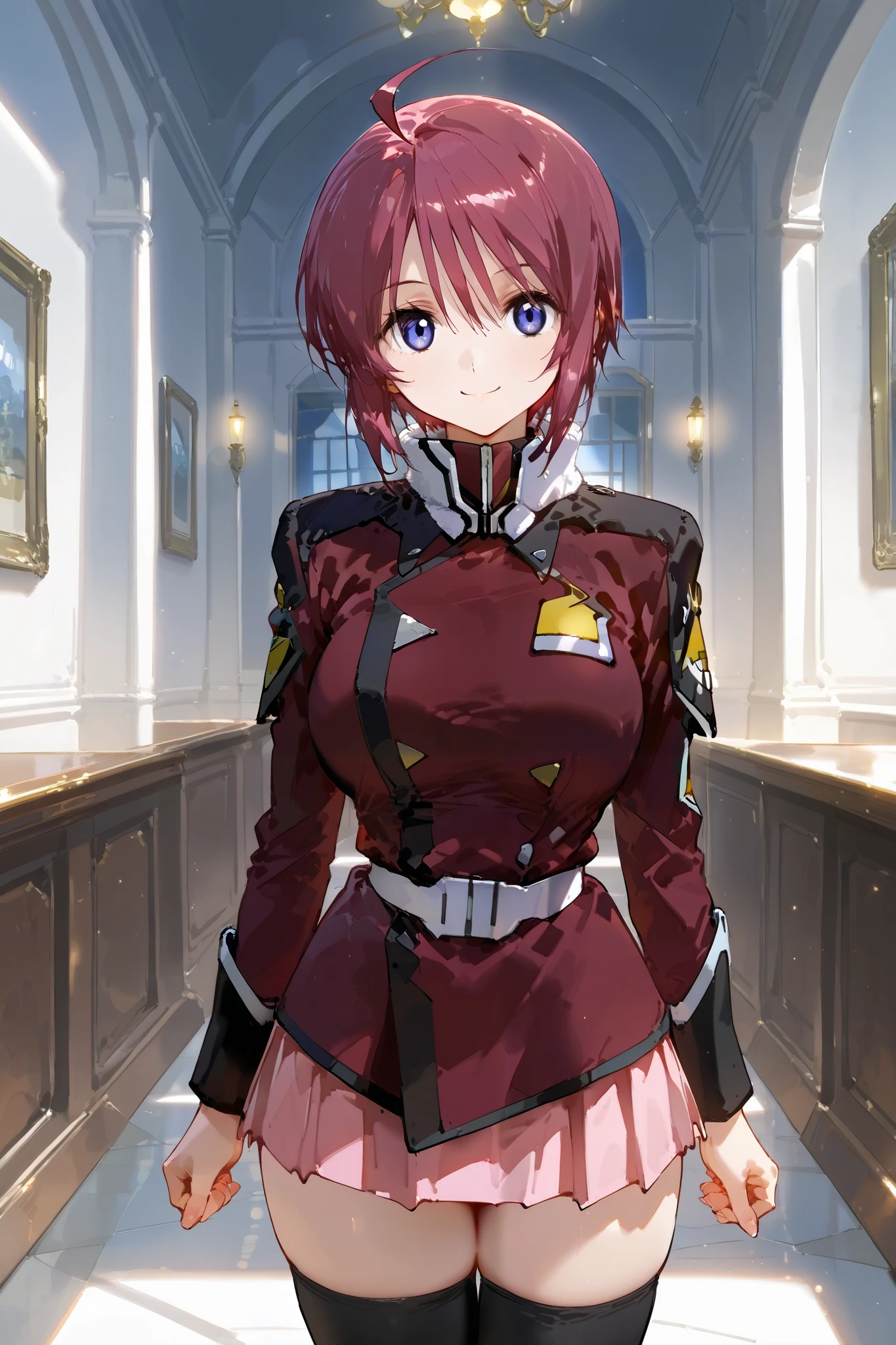 full body,cowboy shot,from front,

 (extremely detailed CG,masterpiece, highres icon,absurdres,4K,f 2.8 lens), 1girl,mature_lady,alone, ( small face), pubic skin, Of light, charming body,Lewd Curves, 

electile nipples through clothes, 

happy smile,

Lunamaria Hawke,ahoge,short hair,blue eyes,red hair,ahoge,(large breast:0.8), Narrow waist,

destiny jacket,belt,pink miniskirt,pleated skirt,black thighhighs,knee boots,