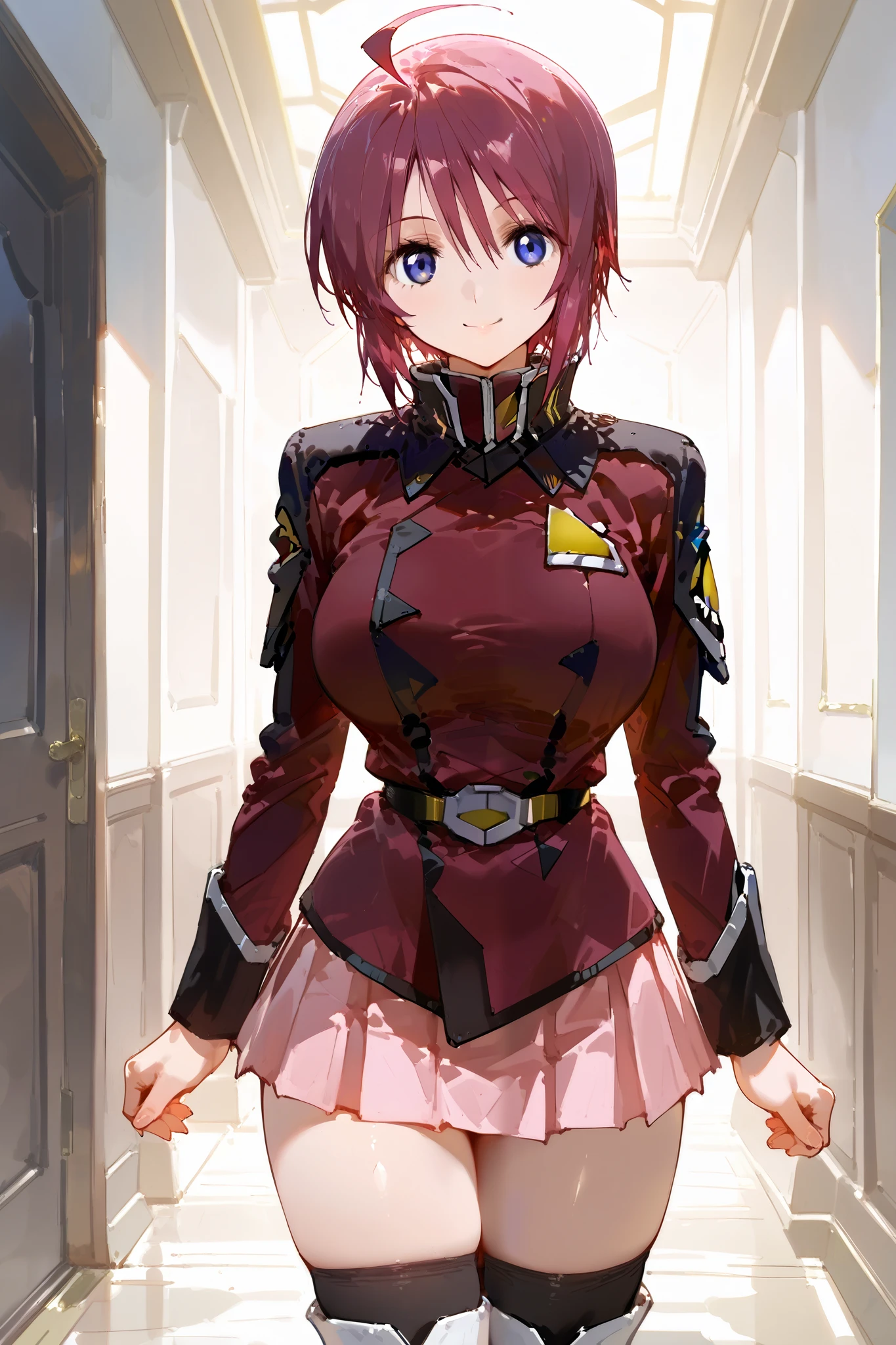 full body,cowboy shot,from front,
(extremely detailed CG,masterpiece, highres icon,absurdres,4K,f 2.8 lens), 1girl,mature_lady,alone, ( small face), pubic skin, Of light, charming body,Lewd Curves,
electile nipples through clothes,
happy smile,
Lunamaria Hawke,ahoge,short hair,blue eyes,red hair,ahoge,(large breast:0.8), Narrow waist,
destiny jacket,belt,pink miniskirt,pleated skirt,black thighhighs,knee boots,