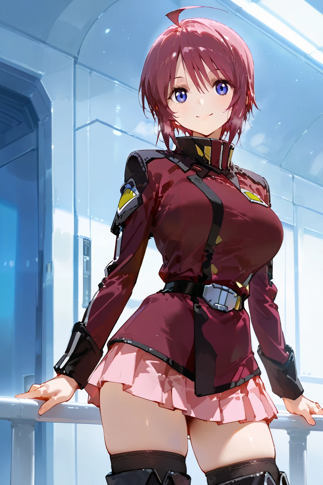 upper body,cowboy shot,from front,

 (extremely detailed CG,masterpiece, highres icon,absurdres,4K,f 2.8 lens), 1girl,mature_lady,alone, ( small face), pubic skin, Of light, charming body,Lewd Curves, detail eyes,

electile nipples through clothes, 

happy smile,

Lunamaria Hawke,ahoge,short hair,blue eyes,red hair,ahoge,(large breast:0.8), Narrow waist,

destiny jacket,belt,pink miniskirt,pleated skirt,black thighhighs,knee boots,