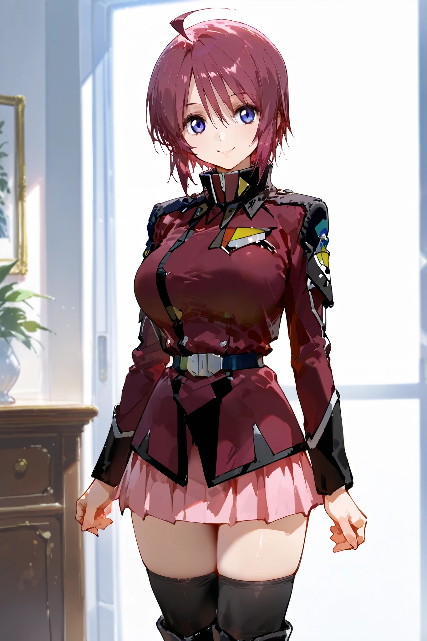 upper body,cowboy shot,from front,
(extremely detailed CG,masterpiece, highres icon,absurdres,4K,f 2.8 lens), 1girl,mature_lady,alone, ( small face), pubic skin, Of light, charming body,Lewd Curves, detail eyes,
electile nipples through clothes,
happy smile,
Lunamaria Hawke,ahoge,short hair,blue eyes,red hair,ahoge,(large breast:0.8), Narrow waist,
destiny jacket,belt,pink miniskirt,pleated skirt,black thighhighs,knee boots,