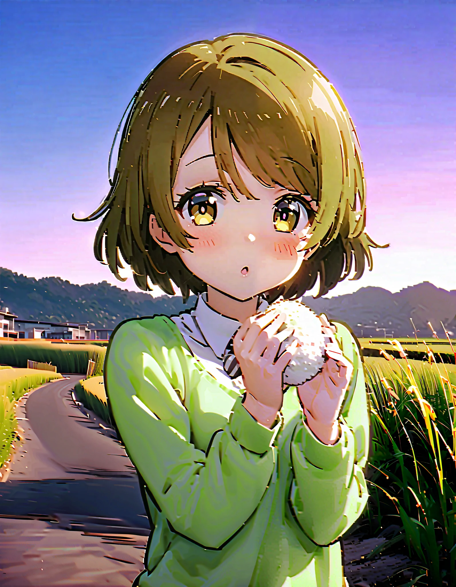 Hanayo Koizumi, ショートヘア, 茶髪, 紫色の目,巨乳,胸の谷間,麦わら帽子,タンクトップ,タンクトップの裾を縛っている,オーバオール,長ズボン,農業用ブーツ,柵にもたれてある,立っている,両手で三角おにぎりを持っている,eating rice ball,昼間, 全身がイラストに入るように, 壊す looking at viewer,全身,
壊す outdoors, 田んぼ,稲作,山,川,畑,
壊す (傑作:1.2),最高品質 ,カンパラ,unity 8k 壁紙,(形:0.8),( 細かくて美しい目 :1.6),それは人だ,全身写真,CGの詳細, (完璧な手,完全な解剖学),),