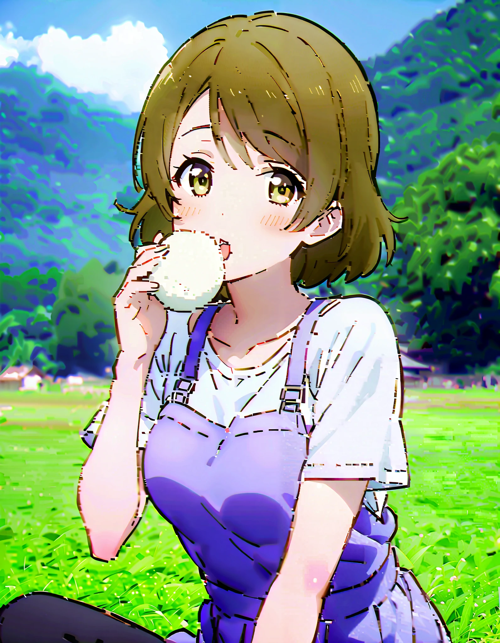 Hanayo Koizumi, ショートヘア, 茶髪, 紫色の目,巨乳,胸の谷間,麦わら帽子,タンクトップ,タンクトップの裾を縛っている,オーバオール,長ズボン,農業用ブーツ,柵にもたれてある,立っている,両手で三角おにぎりを持っている,eating rice ball,昼間, 全身がイラストに入るように, 壊す looking at viewer,全身,
壊す outdoors, 田んぼ,稲作,山,川,畑,
壊す (傑作:1.2),最高品質 ,カンパラ,unity 8k 壁紙,(形:0.8),( 細かくて美しい目 :1.6),それは人だ,全身写真,CGの詳細, (完璧な手,完全な解剖学),),