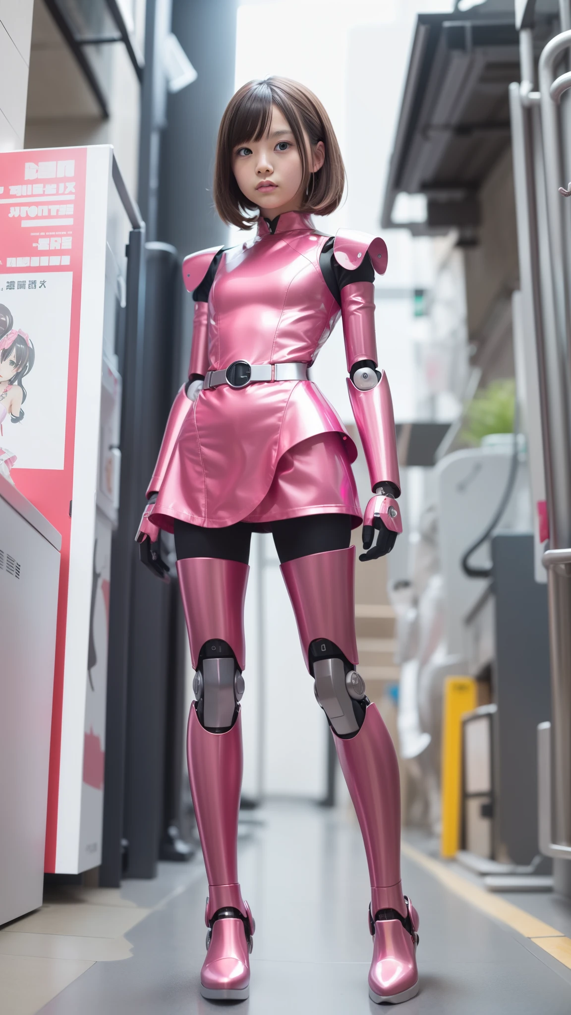 Robot Girl, pink, Silver, Metallic body, Robot Parts, Metal Parts, Super Detailed Face, Super well-formed face, of the highest quality, a small face, a small head, Brown hair, Slender body, Camera gaze, Internal Mechanical Exposure, Idol, front facing, Well-proportioned body, sale, Exhibited, Event Hall, Moe Pose, pink metallic Princess dress machine armor, Standing with legs open, Model body type, sad, Embarrassing,(Perfect Robot Girl),(Perfect machine body)