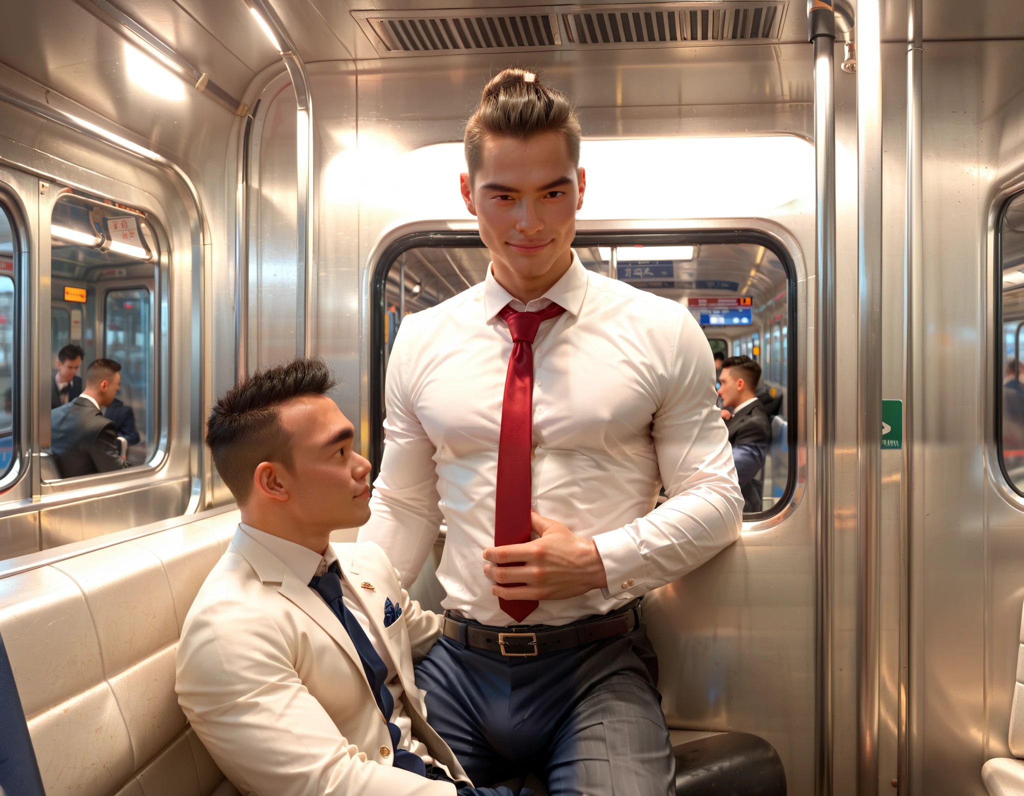  man in the subway， Ultra-flat head，Wearing a suit，huge bulge,  leg apart，musculous，Handsome， pervert smirk， Exposing thighs，  In crowded subway cars， 16k resolution , ultra-high clarity , hyperrealism , ultra hd picture , uhd , details face , details , handsome man , high quality  , Sit next to you、Lean on the man next to you , nsfw , sexy , eroticism , sitting side b side