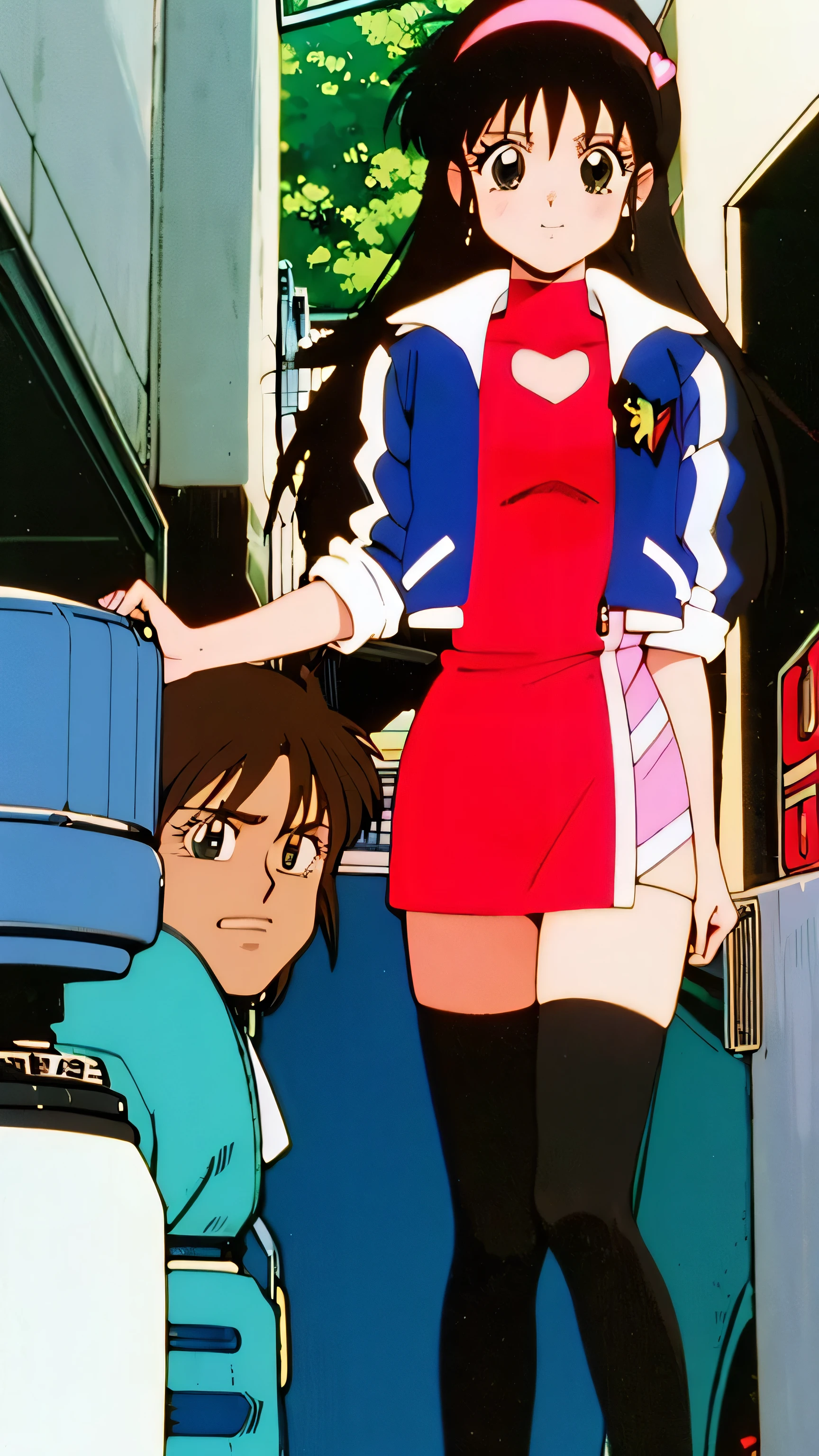 Asusdol, One Girl , Alone, green eyes, heart, hair ornament, jacket, dress,retro art style for stilets,1990s ( style for stilets), looking at viewer, smile, outdoor, null, cowboy shot , clevis cut out, race queen ,round butt