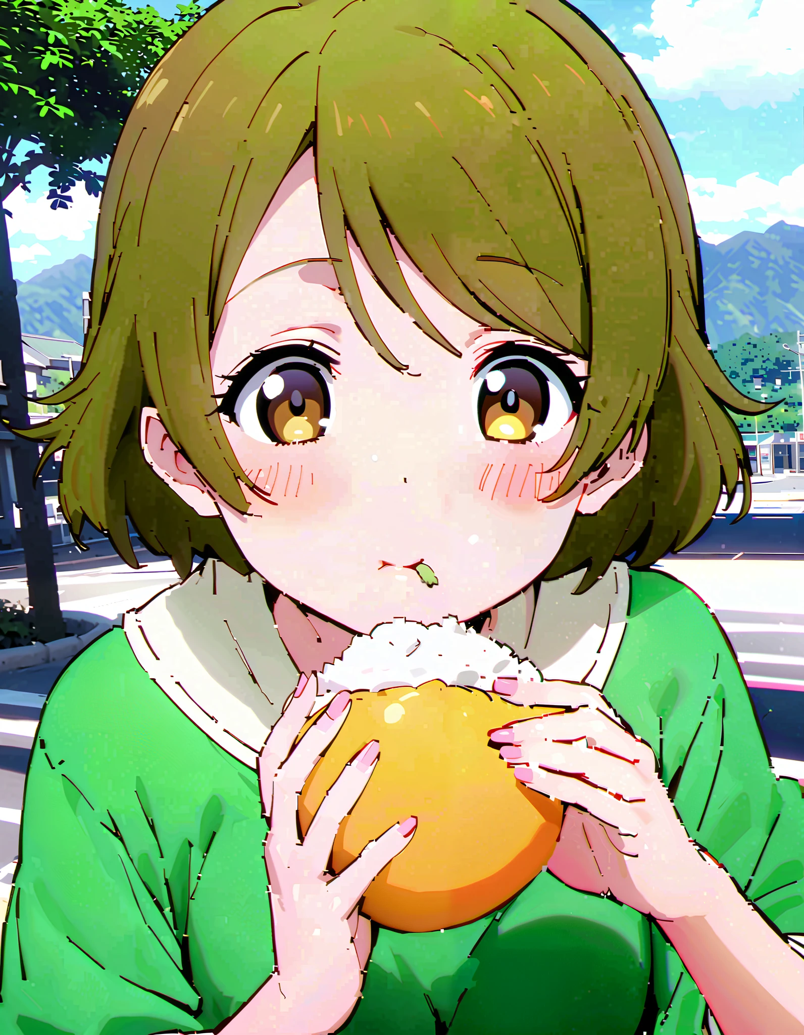 Hanayo Koizumi, ショートヘア, 茶髪, 紫色の目,巨乳,胸の谷間,麦わら帽子,笑顔,赤面,目を細める,口を開ける,タンクトップ,タンクトップの裾を縛っている,オーバオール,長ズボン,農業用ブーツ,柵にもたれてある,立っている,両手で三角おにぎりを持っている,eating rice ball,昼間, 全身がイラストに入るように, 壊す looking at viewer,全身,
壊す outdoors, 田んぼ,稲作,山,川,畑,
壊す (傑作:1.2),最高品質 ,カンパラ,unity 8k 壁紙,(形:0.8),( 細かくて美しい目 :1.6),それは人だ,全身写真,CGの詳細, (完璧な手,完全な解剖学),),