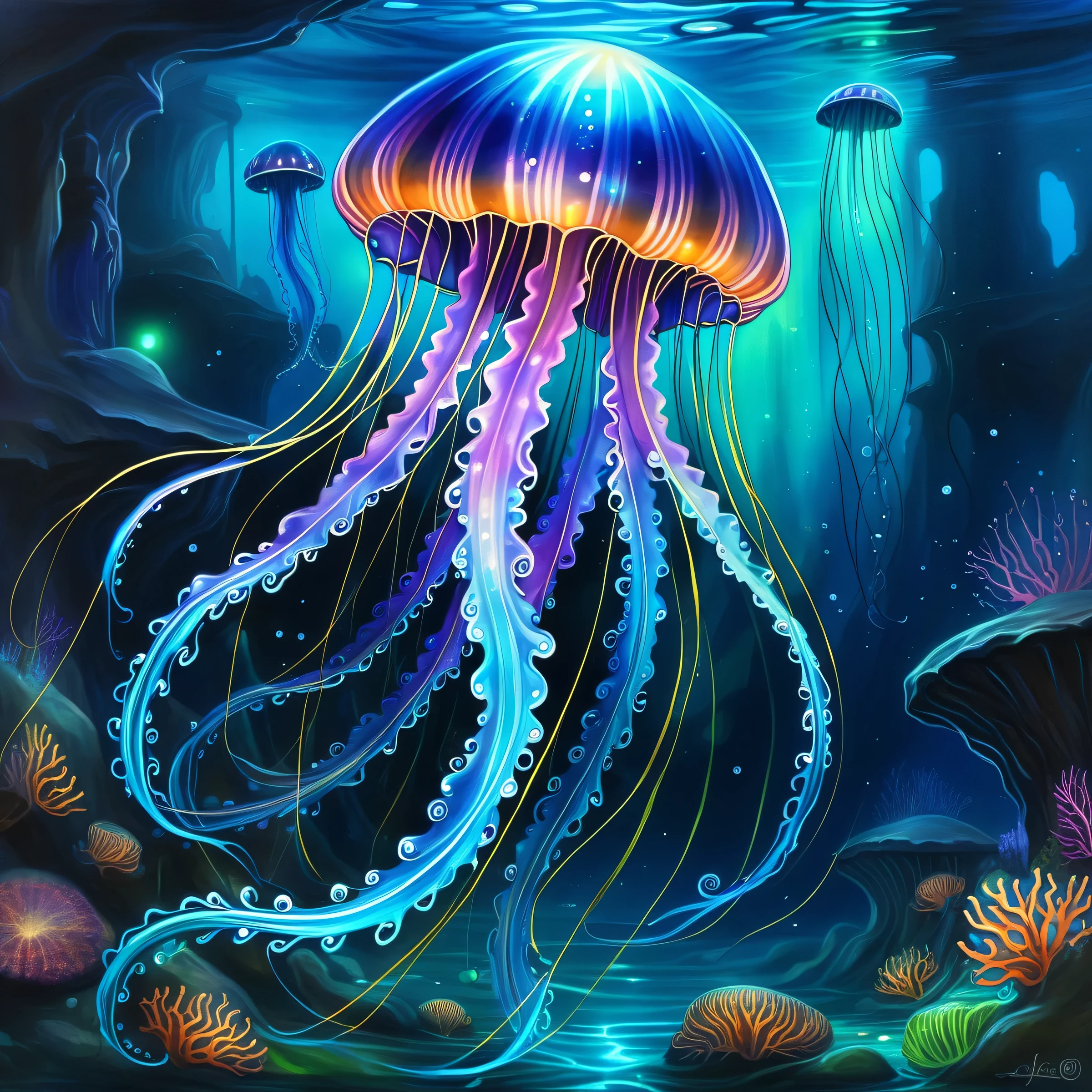 Create an epic fantasy RPG painting of a Medieval floating bioluminescent jellyfish, underwater mythologycal creature, floating, Medieval bioluminescent jellyfish, Midjourney effect, LoL Arcane style, hand painted, harmoniously blending 2D and 3D styles, watercolor with graphite and oil painting. Impressionist style with vibrant colors and intricate patterns, blend of 2D and 3D with peeling paint details, Midjourney effect, LoL Arcane style, bioluminescent jellyfish, inspired in Medieval mythology, bioluminescent jellyfish, floating underwater, painting with artistic harmony, concept art station. Hyper-realistic painting, bioluminescent jellyfish floating inspired by Medieval myth, surreal matte painting, magical realism matte painting, blend of 2D and 3D, harmonious blend of artistic styles such as graffiti, watercolor and oil painting, handmade painting. The vibrant colors and intricate patterns of this epic fantasy RPG painting of bioluminescent jellyfish floating, Medieval culture, hyper-realistic handmade painting by renowned concept artist.