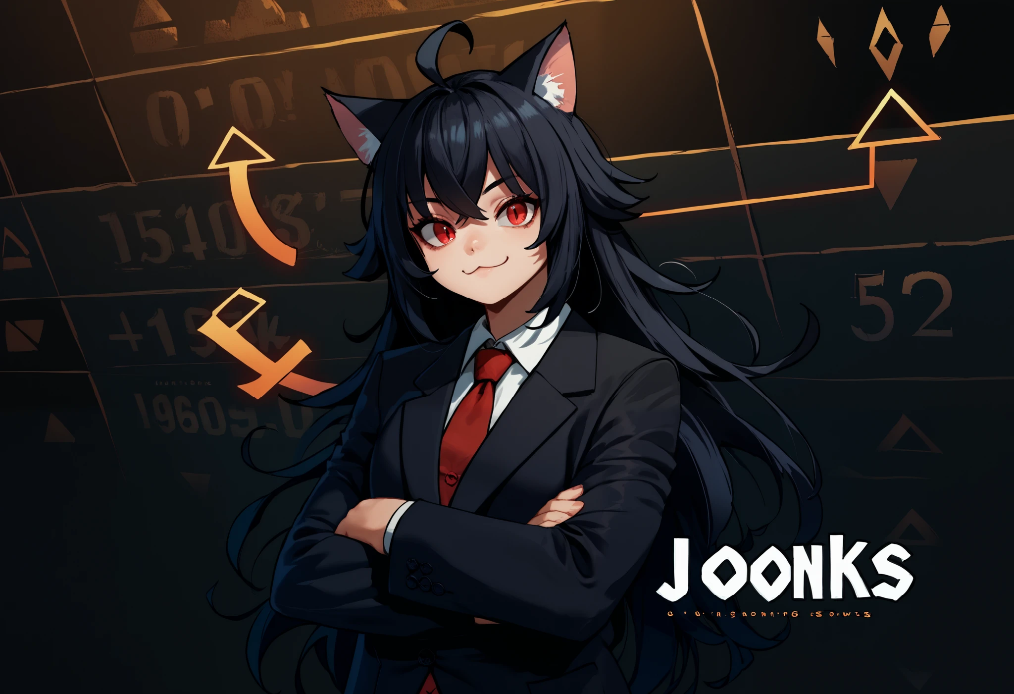 score_9, score_8_up, score_7_up, 1girl, stonks, arrow (symbol), crossed arms, formal, junkotvvxl, ((cat girl, cat ears)), (red eyes), (long hair), (( black hair, (Ahoge), straight bangs,)), smile, english text,