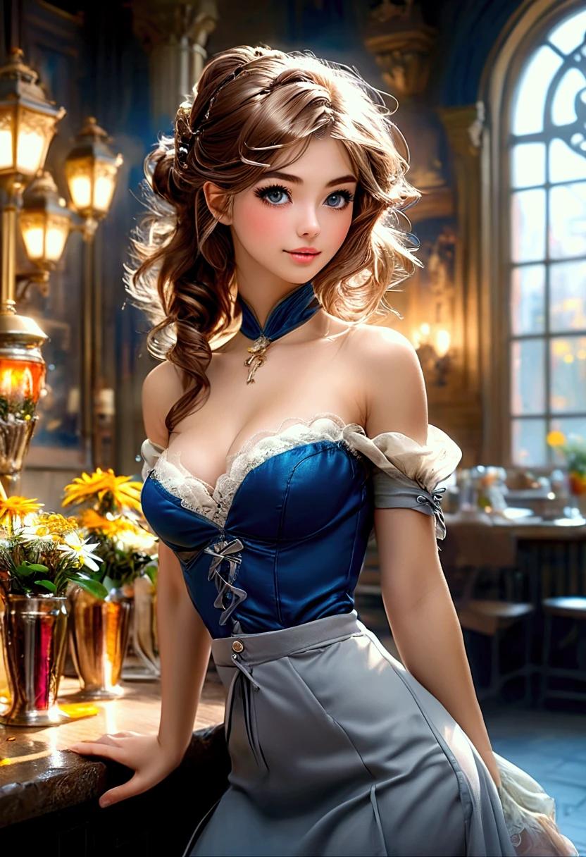 Balerina Gracefully Dancing, Honey Brown Hair, Very Long Hair, Chignon, Crop Top. Leaning-Over-Table, Messy Hair, Pale Skin, Red Lips, Skirt Wth Woodcut Patterns, Crop Top Wth Blue Rosemaled Designs. Midriff, Wide Smile, Eyes Detailed & Wide,Dynamic Pose. Ultra HD, Rococo-Inspired Fantasy Art With Intricate Details. Cute, Charming Expression, Alluring-Gaze, Beautiful Eyes, An-Ideal-Figure. Large Youthful Well-Shaped-Bosom, Attractive-Hind-Quarters. Massive-Round-Bosom, turning. Full Length Side Profile. Digital Painting, Intricate Details. Mesmerizingly mash up of Scarlett Johanson. Alison Brie & Selena Gomez