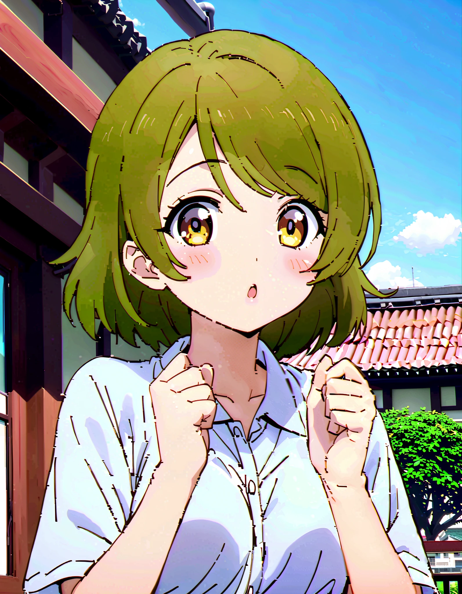 Hanayo Koizumi, ショートヘア, 茶髪, 紫色の目,巨乳,胸の谷間,麦わら帽子,笑顔,赤面,目を細める,口を開ける,タンクトップ,タンクトップの裾を縛っている,オーバオール,長ズボン,農業用ブーツ,柵にもたれてある,立っている,両手で三角おにぎりを持っている,eating rice ball,昼間, 全身がイラストに入るように, 壊す looking at viewer,全身,
壊す outdoors, 田んぼ,稲作,山,川,畑,
壊す (傑作:1.2),最高品質 ,カンパラ,unity 8k 壁紙,(形:0.8),( 細かくて美しい目 :1.6),それは人だ,全身写真,CGの詳細, (完璧な手,完全な解剖学),),