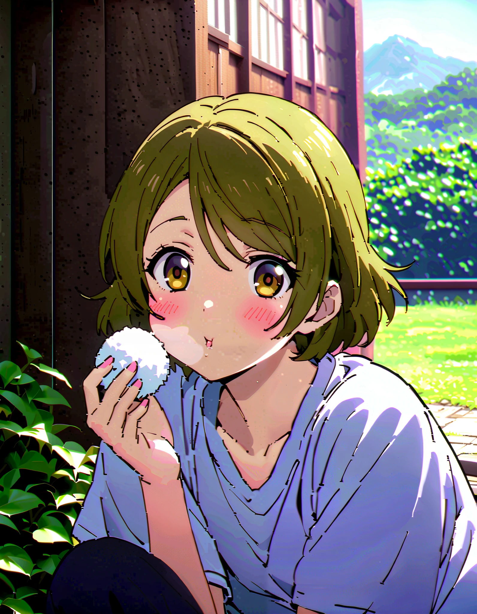 Hanayo Koizumi, ショートヘア, 茶髪, 紫色の目,巨乳,胸の谷間,麦わら帽子,笑顔,赤面,目を細める,口を開ける,タンクトップ,タンクトップの裾を縛っている,オーバオール,長ズボン,農業用ブーツ,柵にもたれてある,立っている,両手で三角おにぎりを持っている,eating rice ball,昼間, 全身がイラストに入るように,                                                          壊す looking at viewer,全身,
壊す outdoors, 田んぼ,稲作,山,川,畑,
壊す (傑作:1.2),最高品質 ,カンパラ,unity 8k 壁紙,(形:0.8),( 細かくて美しい目 :1.6),それは人だ,全身写真,CGの詳細, (完璧な手,完全な解剖学),),