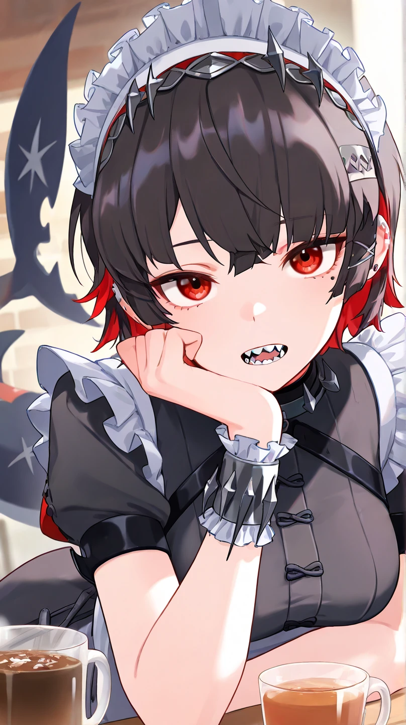 ellen
High quality ,  best quality , masterpiece,  High Resolution , detailed face (LoRA:ellen) , anatomically correct, detailed hair(LoRA:ellen), detailed hair color (LoRA:ellen)
solo, 1 woman,alone, adult woman,
 close up, looking at viewer ,クローズアップ
Shark tail, short hair, bangs, black hair, red eyes, dress, jewelry, short sleeves, red hair, multicolo red hair, earrings, frills, black dress, cup, wrist cuff, maid, maid, breasts, Jagged teeth,
crazy eyes, Expressionless,
cafe 
Open your mouth a little