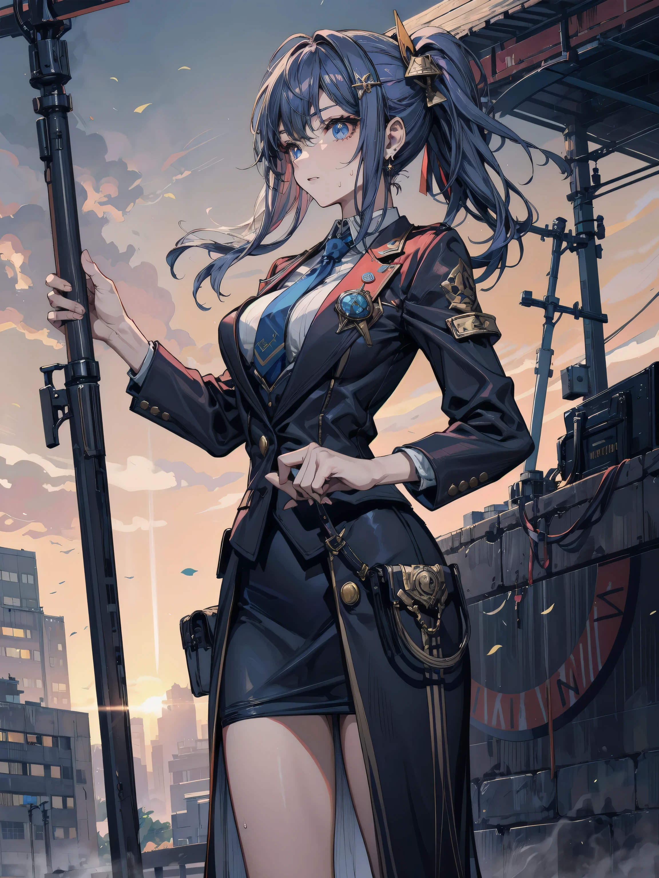 ((Highest quality)), ((masterpiece)), ((detailed)), (4K), (nsfw), 1girl, 独奏, (eyepatch), crop top, leather jacket, Torn miniskirt, suspender skirt, torn pantyhose, torn panties, panties under pantyhose, choker, bracelet, erect nipples, (rain), ((wet)), see through, (expressionless), scowl, (from below), (looking down), looking at viewer, (open legs), wasteland, town