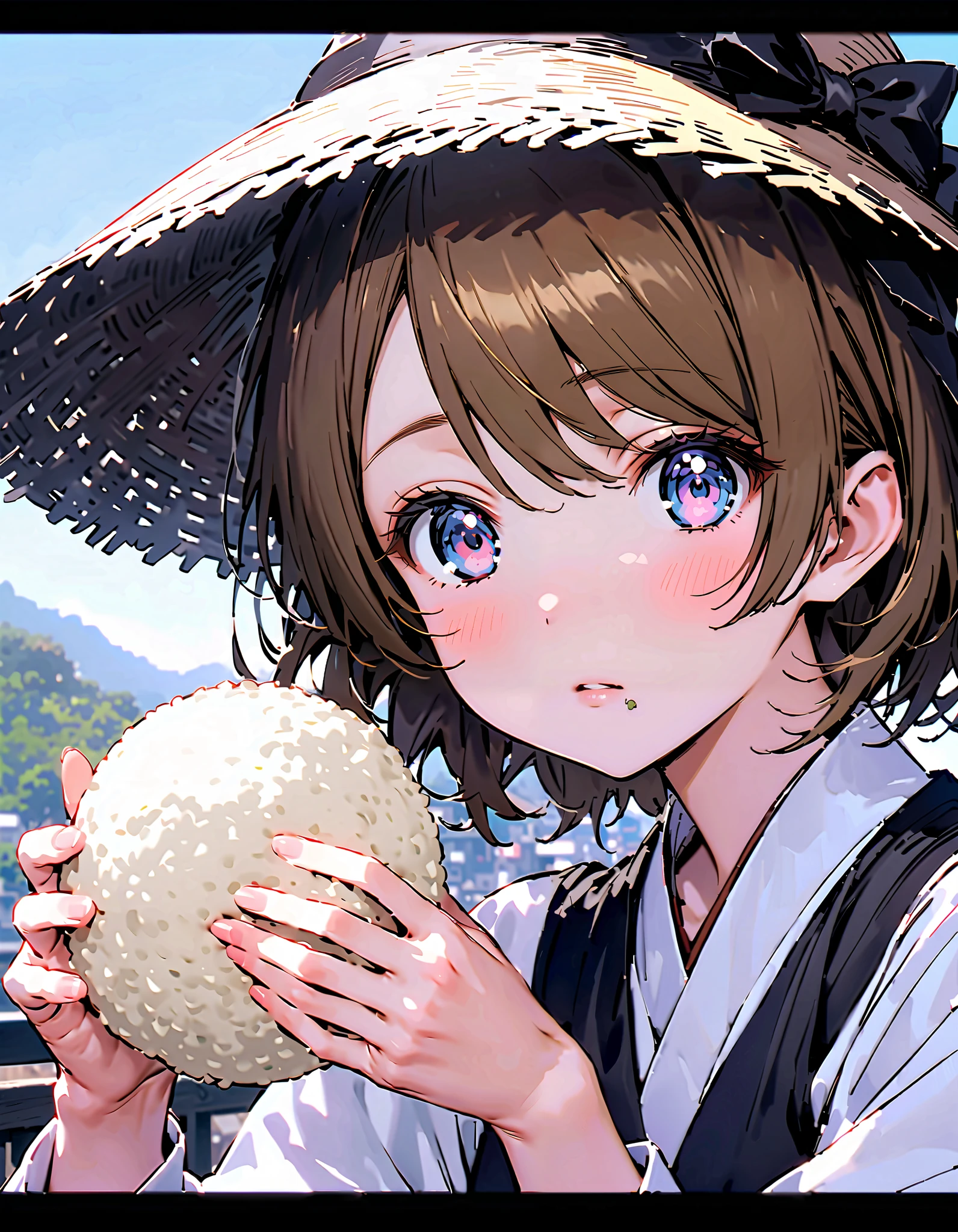 Hanayo Koizumi, ショートヘア, 茶髪, 紫色の目,巨乳,胸の谷間,麦わら帽子,笑顔,赤面,目を細める,口を開ける,タンクトップ,タンクトップの裾を縛っている,オーバオール,長ズボン,農業用ブーツ,柵にもたれてある,立っている,両手で三角おにぎりを持っている,eating rice ball,昼間, 全身がイラストに入るように, 壊す looking at viewer,全身,
壊す outdoors, 田んぼ,稲作,山,川,畑,
壊す (傑作:1.2),最高品質 ,カンパラ,unity 8k 壁紙,(形:0.8),( 細かくて美しい目 :1.6),それは人だ,全身写真,CGの詳細, (完璧な手,完全な解剖学),),