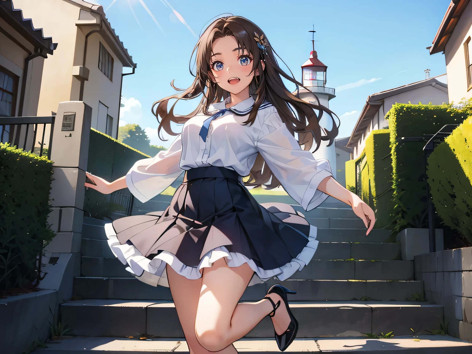 light brown hair straight long hair brown eyes white blouse blue skirt Shinesmile smile Smile Laughter happy Lucky dance Take the steps dance whole body white high heels 1 Girl, high resolution, tea hair, very long hair , big breasts, long hair, tall cross-legged amount Forehead amount is an adult woman Oshitoyaka is cute Adorable Seaside Road Lighthouse clear blue sky dawn Sunlight shines best quality, Laughter Shine Fantastic brown eyes