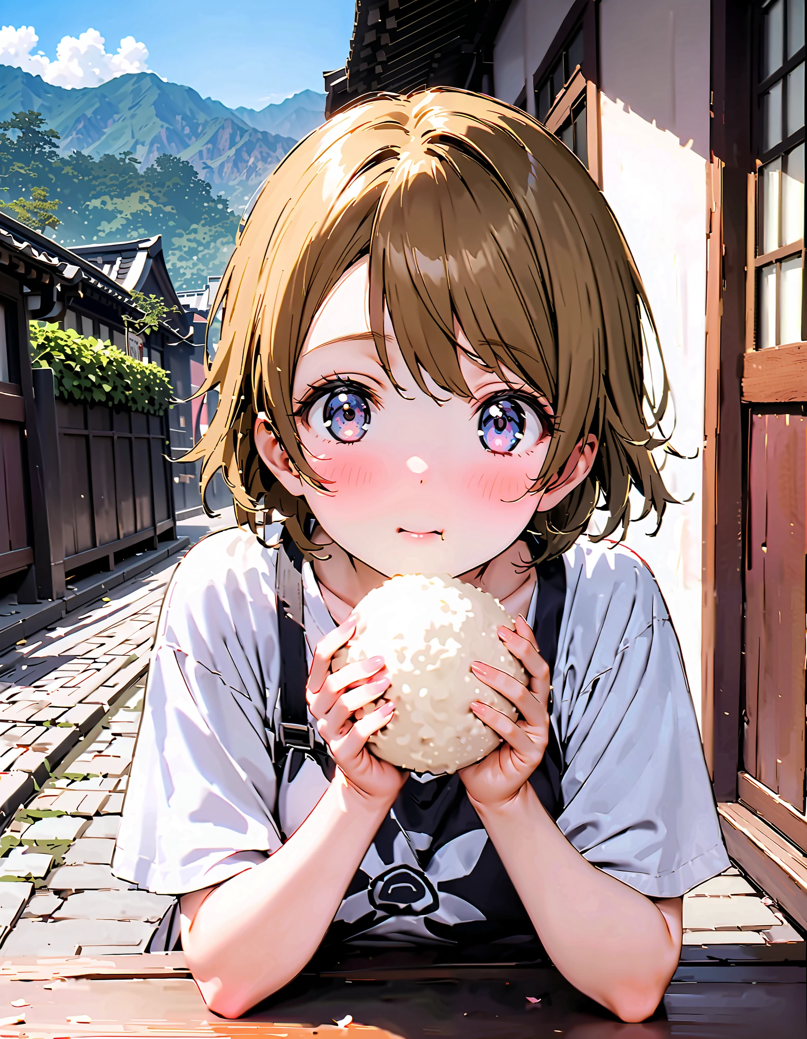Hanayo Koizumi, ショートヘア, 茶髪, 紫色の目,巨乳,胸の谷間,麦わら帽子,笑顔,赤面,目を細める,口を開ける,タンクトップ,タンクトップの裾を縛っている,オーバオール,長ズボン,農業用ブーツ,柵にもたれてある,立っている,両手で三角おにぎりを持っている,eating rice ball,昼間, 全身がイラストに入るように, 壊す looking at viewer,全身,
壊す outdoors, 田んぼ,稲作,山,川,畑,
壊す (傑作:1.2),最高品質 ,カンパラ,unity 8k 壁紙,(形:0.8),( 細かくて美しい目 :1.6),それは人だ,全身写真,CGの詳細, (完璧な手,完全な解剖学),),