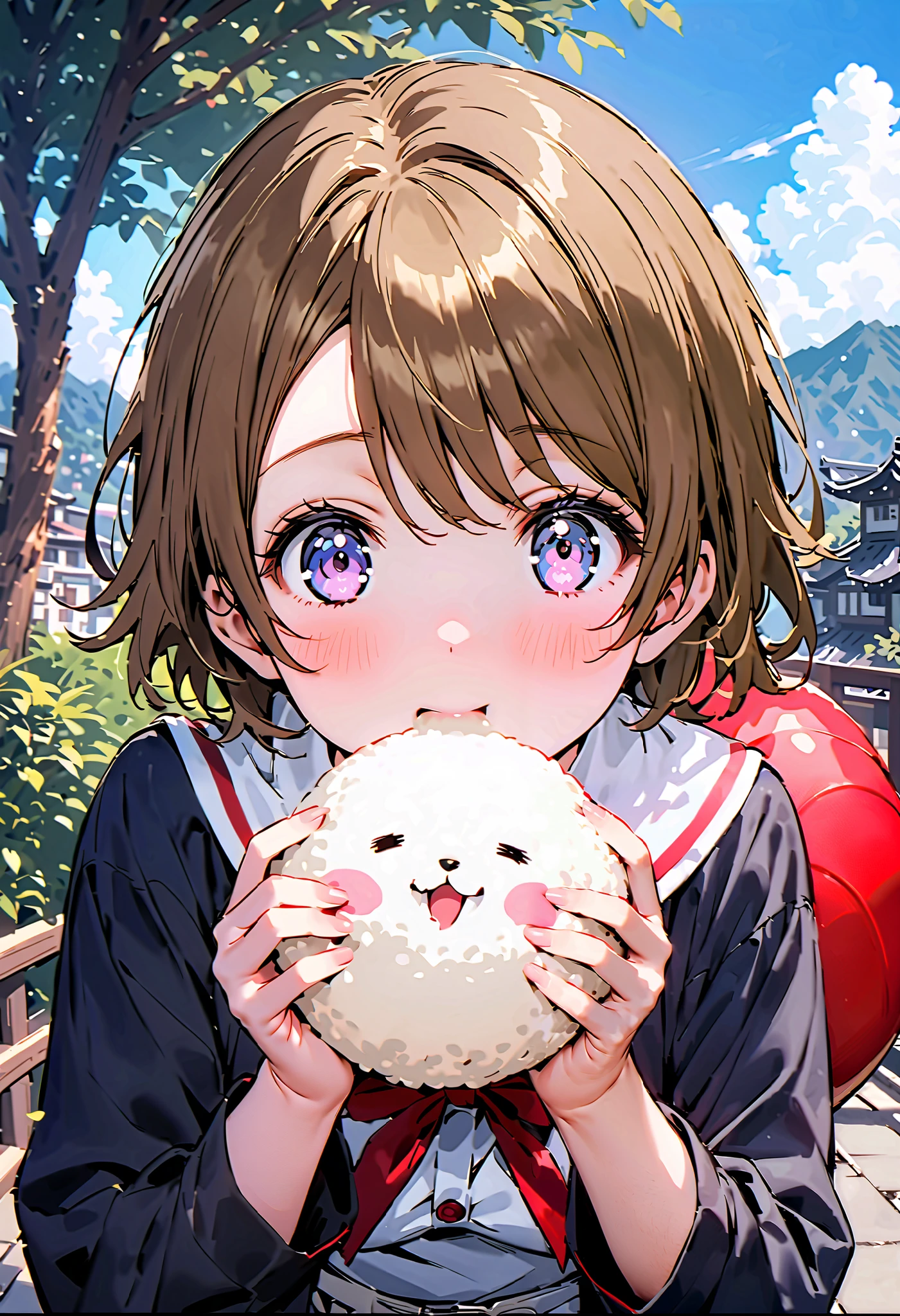 Hanayo Koizumi, ショートヘア, 茶髪, 紫色の目,巨乳,胸の谷間,麦わら帽子,笑顔,赤面,目を細める,口を開ける,タンクトップ,タンクトップの裾を縛っている,オーバオール,長ズボン,農業用ブーツ,柵にもたれてある,立っている,両手で三角おにぎりを持っている,eating rice ball,昼間, 全身がイラストに入るように, 壊す looking at viewer,全身,
壊す outdoors, 田んぼ,稲作,山,川,畑,
壊す (傑作:1.2),最高品質 ,カンパラ,unity 8k 壁紙,(形:0.8),( 細かくて美しい目 :1.6),それは人だ,全身写真,CGの詳細, (完璧な手,完全な解剖学),),