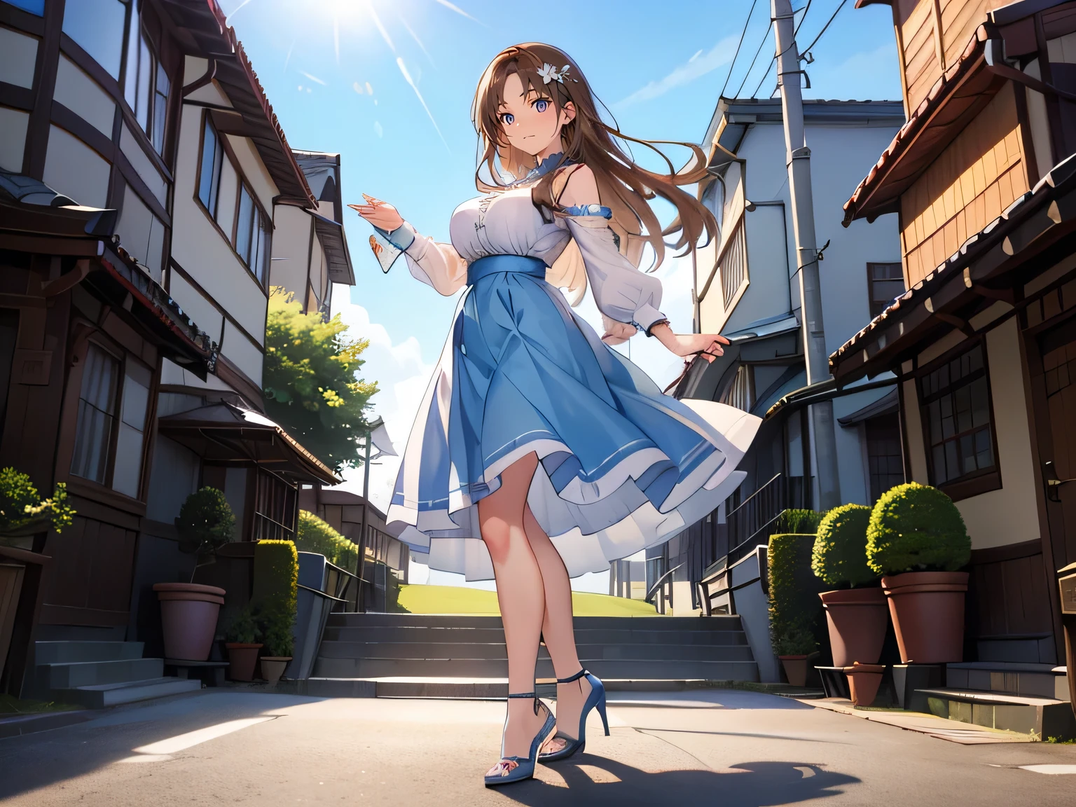 light brown hair straight long hair brown eyes white blouse blue skirt is Standing Stand 満面のsmile smile Smile Laughter excited dance Take the steps dance whole body white high heels 1 Girl, high resolution, tea hair, very long hair , big breasts, long hair, tall cross-legged amount Forehead amount is an adult woman Oshitoyaka Seaside Road Lighthouse clear blue sky dawn Sunlight shines best quality, Laughter Shine Fantastic