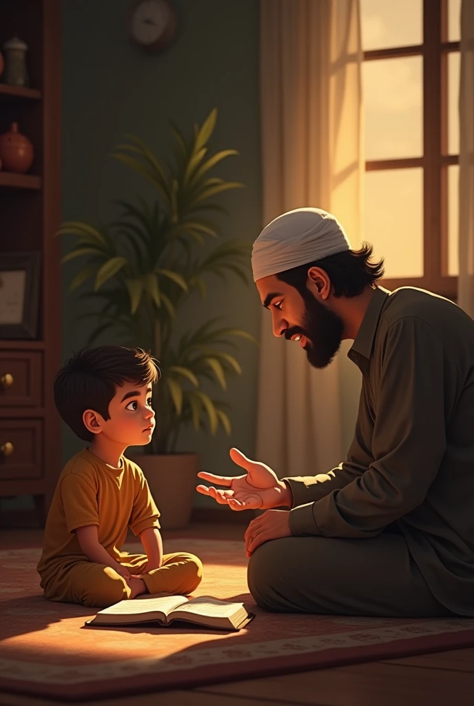 A kid trying to pray namaz while seeing his father praying namaz