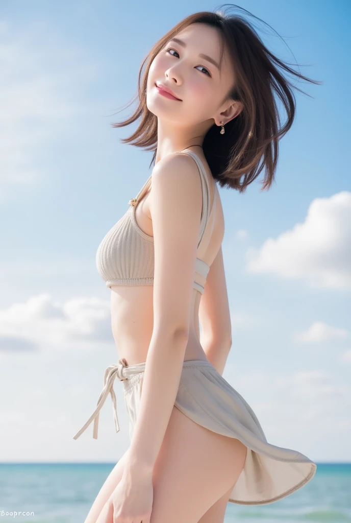 Beautiful Japanese woman standing on the sandy beach by the sea, A woman who stretches her back and shows her navel, high teenager, (Photo Details:Full body photo taken from the front, Standing facing forward, Shot straight ahead, full body shot,The photo was taken from a camera height of 50cm above the ground.) (facial details:long eyes, beautiful eyes, Eye pupils are black, looking at the camera, elongated facial contour, Smile a little,sharp cheeks, round chin, clean nose, round chin, Bob cut brown hair) (Body details:Height: 155cm, bust 79cm, Waist 55cm, Hip 85cm, Healthy thighs, barefoot, Rest your left foot, The navel is visible) (detailed costumes:White sleeveless shirt,白地に青色で大きい水玉模様のWhite sleeveless shirt, white mini skirt, ひらひらでwhite mini skirt)