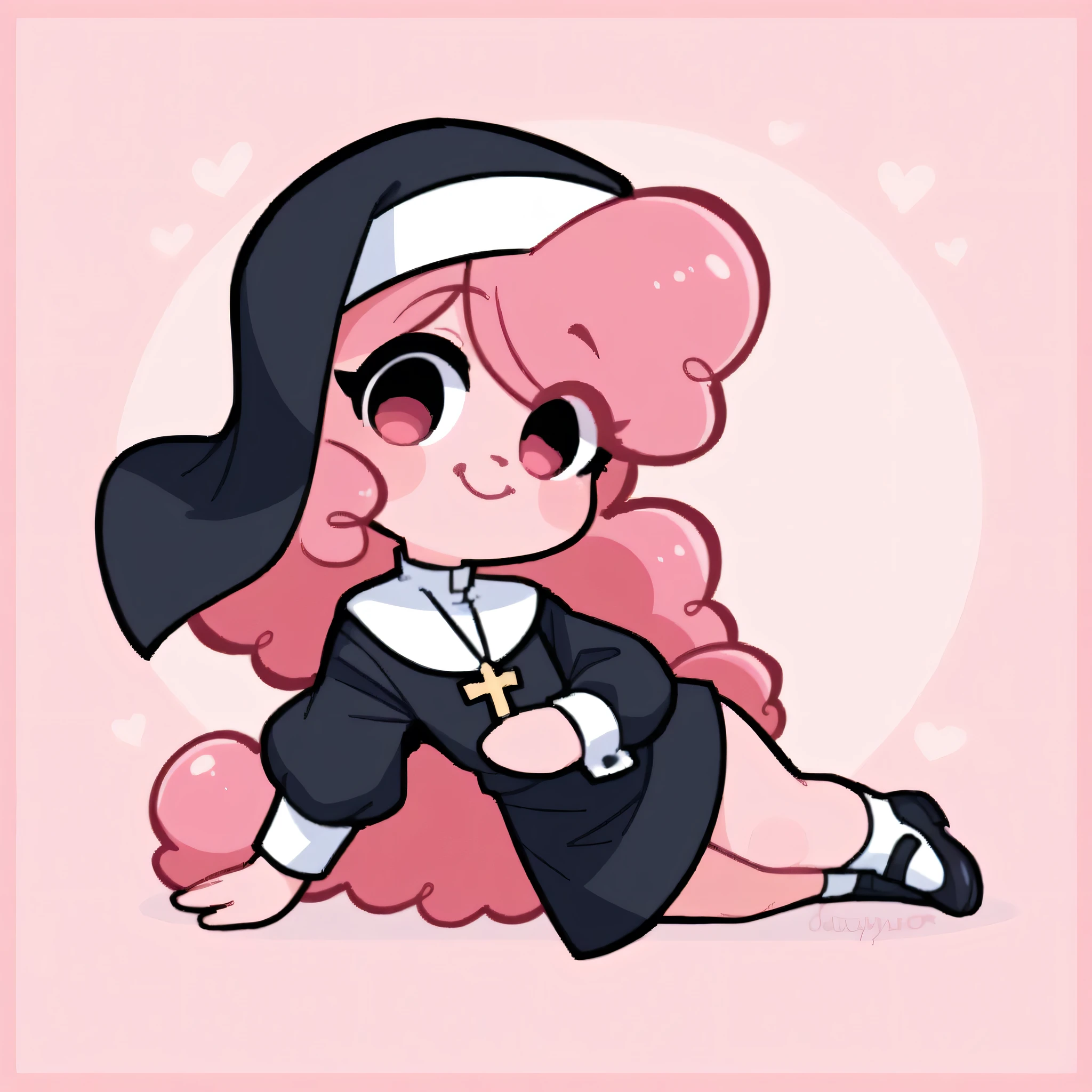 better quality, very detailed illustration ( Anthropomorphic furry sheep:1,7) , femboy, ruffled voluminous bouncy hair , delgado, chibi body, simple drawing, Artifyber style , pastel flat colors , beautiful, cartoon ,solo, short curly pink hair, nun outfit, a smile, fluffy curly tail, sheep ears, bell collar, ram horns, black shoes, cute