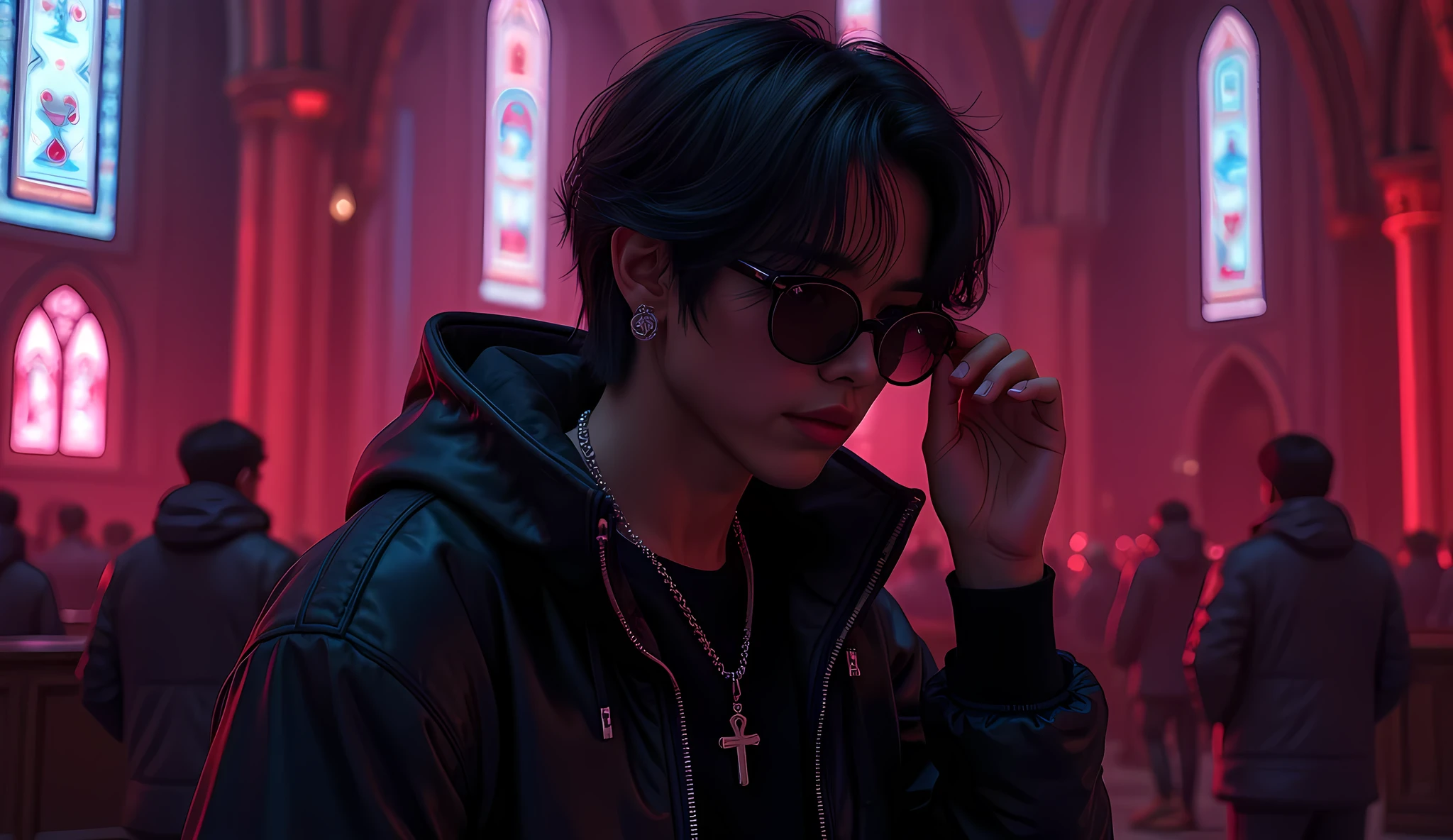 (( RAW photo), absurdo, ( absurd resolution)), masterpiece, envelopes, ( Extremely detailed 8k unit CG wallpaper), ( best illustration), ( best shade), realistic lighting , detailed and beautiful glitter, ((25 years old)), black hair, 90 , black jacket , necklace with a cross , 4 jovenes en una banda de heavy metal, EN UNA IGLESIA, black sunglasses, rock,