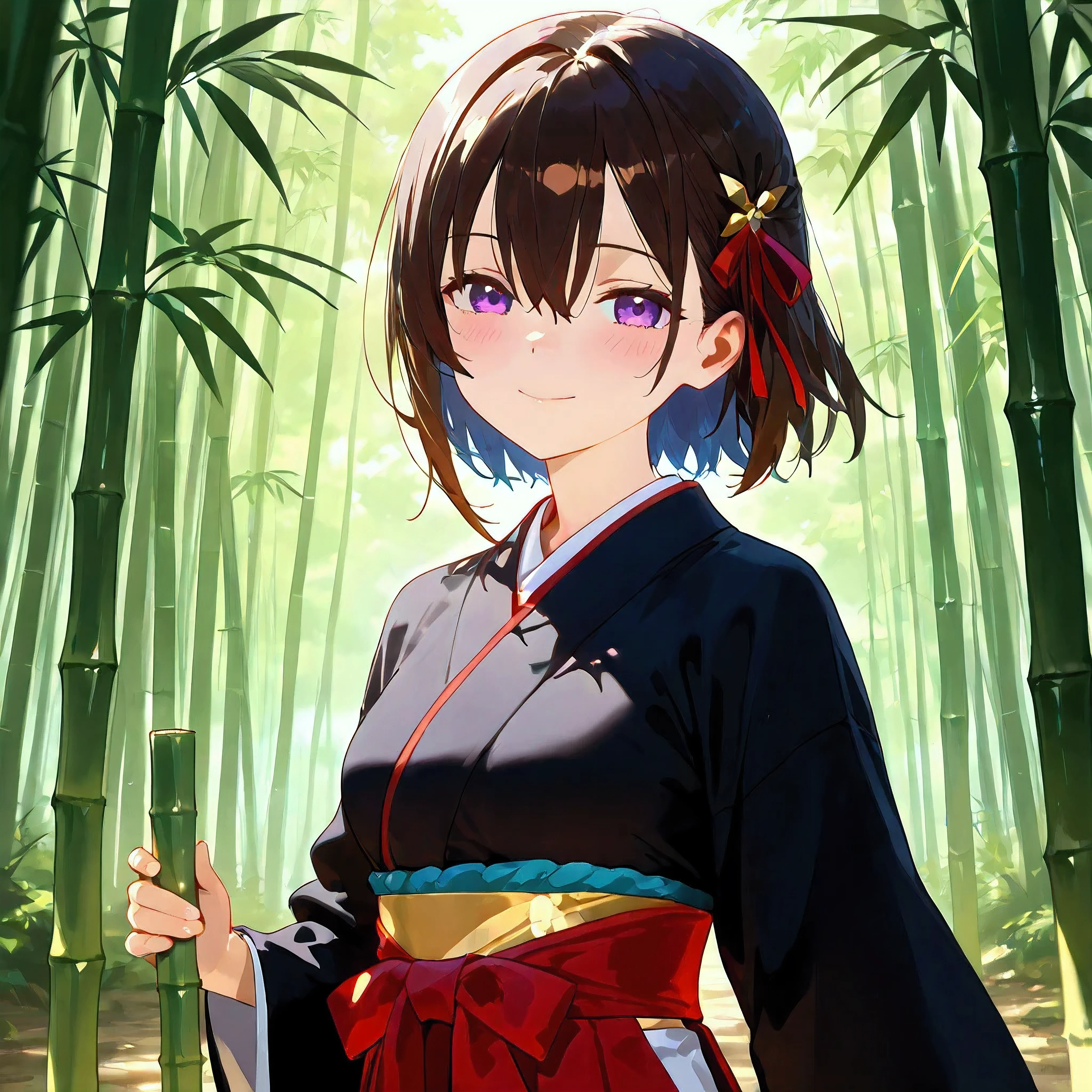 masterpiece, best quality, amazing quality, very aesthetic, high resolution, ultra-detailed, absurdres, newest, Anime screencap, highly detailed, high quality, hyper-Detailed, xmc. BREAK. 1girl, solo, breasts, looking at viewer, blush, smile, short hair, skirt, brown hair, black hair, long sleeves, hair ornament, holding, ribbon, hair between eyes, closed mouth, blue hair, purple eyes, upper body, hair ribbon, outdoors, japanese clothes, day, wide sleeves, kimono, red ribbon, sash, obi, hakama, nature, forest, black kimono, bamboo, bamboo forest