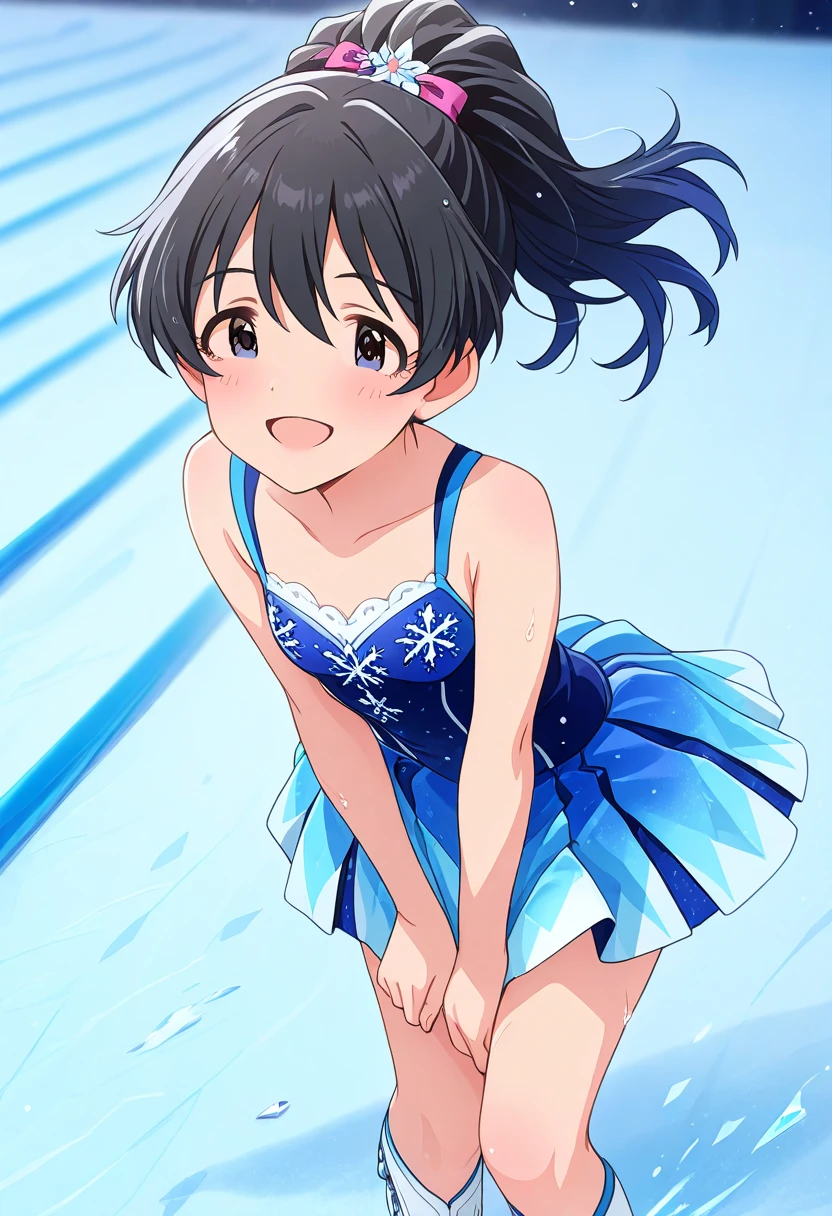 One girl, blue short hair, blue eyes, forehead visible, hair pin, cool color palette, winter landscape, ice princess, magical scene of freezing a pond for ice skating. Anime art style, masterpiece, best quality, absurdres. Girl gracefully ice skating on the magically frozen pond, surrounded by a serene winter landscape. Ethereal and enchanting atmosphere.