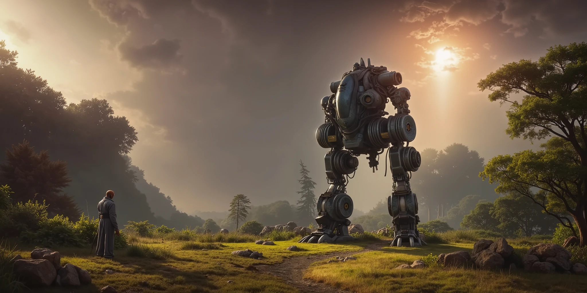 [A colossal, weathered robot stands in the middle of a lush, vibrant forest clearing, dwarfed only by the vast sky bathed in sunlight. A small, lone figure watches him from a distance, conveying a sense of awe and perhaps fear. The scene is peaceful yet hints at past conflicts or an unknown future, evoking an atmosphere of quiet mystery.], [8k resolution, cinematic lighting with warm golden sunlight and soft atmospheric mist. Focus on the mechanism, with the shallow depth of field blurring the background. Detailed texture on the mechanism, showing wear. The overall color palette is warm, with greens, browns, and golds dominating. Post-processing effects include subtle lens flare and volumetric lighting.]