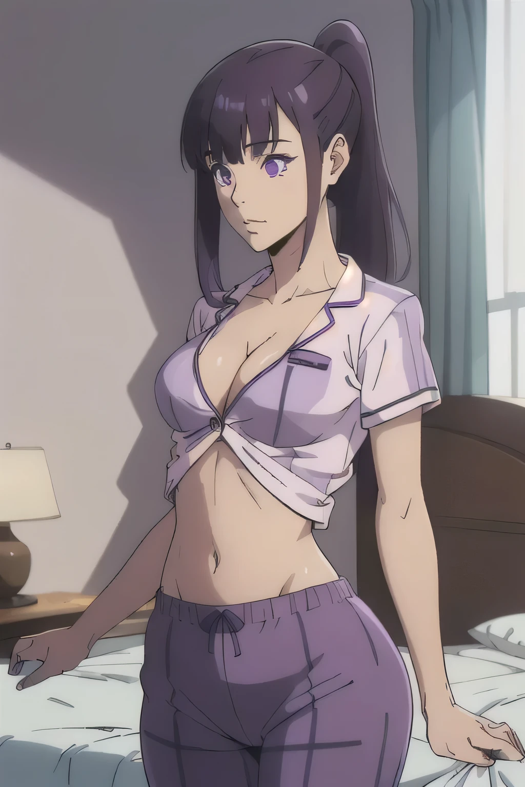 1 girl in, age18, photo of Sung Jinha, Solo Levelling Waifu, photo of perfect woman, Solo, Aesthetic artwork, (long hair, straight purple hair, long ponytail, dark purple hair, bangs: 1.25), (violet eyes, clear skin, fare skin, small breasts, B-cup, runners body, very thin waist, skinny, petite, detailed skin texture, (Masterpiece), (cleavage, focus on breasts:1.2), (she wears A baggy Rock band t-shirt, black Rock concert t-shirt, pink plaid pajama pants, comfy pajama pants), in a bedroom, (extremely detailed 8k wallpaper), soft lighting, high quality, film grain, 50mm, High Detail, Sharp focus, (natural light), (cowboy photo:1.2), light particles