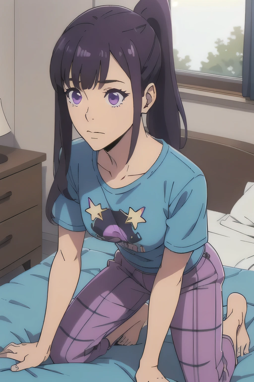 1 girl in, 18, photo of Sung Jinha, Solo Levelling Waifu, photo of perfect woman, Solo, Aesthetic artwork, (long hair, straight purple hair, long ponytail, dark purple hair, bangs: 1.25), (violet eyes, clear skin, fare skin, small breasts, B-cup, runners body, very thin waist, skinny, petite, detailed skin texture, (Masterpiece), (she wears A baggy Rock band t-shirt, black Rock concert t-shirt, pink plaid pajama pants, comfy pajama pants), in a bedroom, (kneeling down before master, splits kneeling, legs apart), looking up at camera, overhead perspective), (extremely detailed 8k wallpaper), soft lighting, high quality, film grain, 50mm, High Detail, Sharp focus, (natural light), (cowboy photo:1.2), light particles