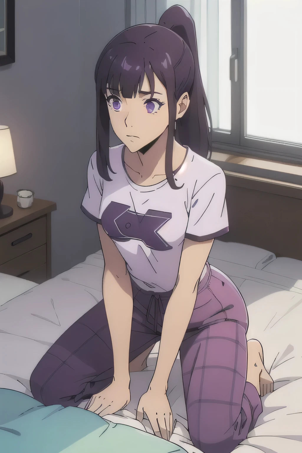 1 girl in, age18, photo of Sung Jinha, Solo Levelling Waifu, photo of perfect woman, Solo, Aesthetic artwork, (long hair, straight purple hair, long ponytail, dark purple hair, bangs: 1.25), (violet eyes, clear skin, fare skin, small breasts, B-cup, runners body, very thin waist, skinny, petite, detailed skin texture, (Masterpiece), (she wears A baggy Rock band t-shirt, black Rock concert t-shirt, pink plaid pajama pants, comfy pajama pants), in a bedroom, (kneeling down before master, splits kneeling, legs apart), looking up at camera, overhead perspective), (extremely detailed 8k wallpaper), soft lighting, high quality, film grain, 50mm, High Detail, Sharp focus, (natural light), (cowboy photo:1.2), light particles
