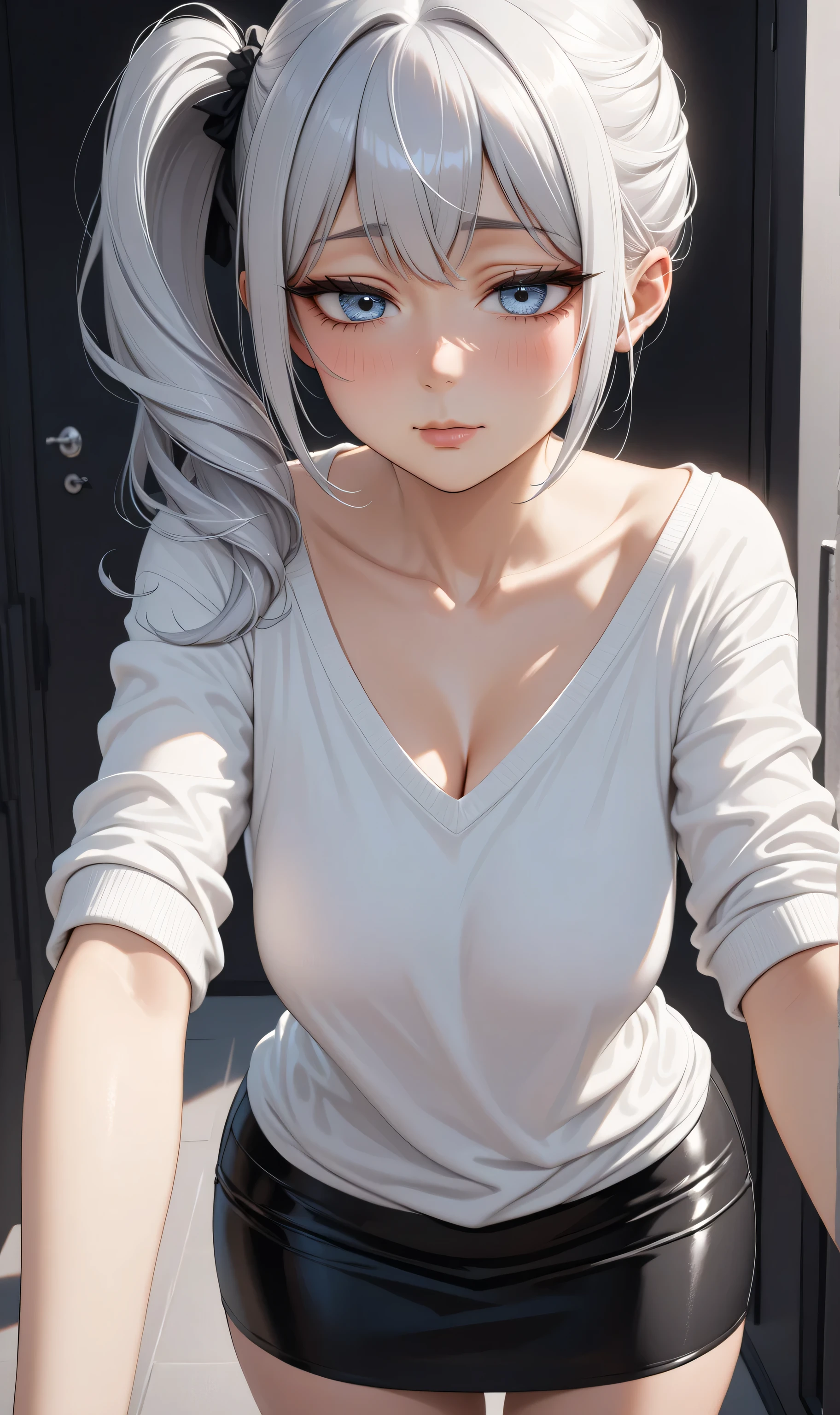 ((Ultra detailing)), (very aesthetic, best quality, ultra detailed), intricate details,
1girl, silver hair, silver eyes, side ponytail, ((Detailed eyes)), ((Beautifull eyes)), ((prefect eyes)), sharp jawline, sweater, shy, Licking her lips, Blush (Wearing obersize Shirt, V neck, Short skirt)