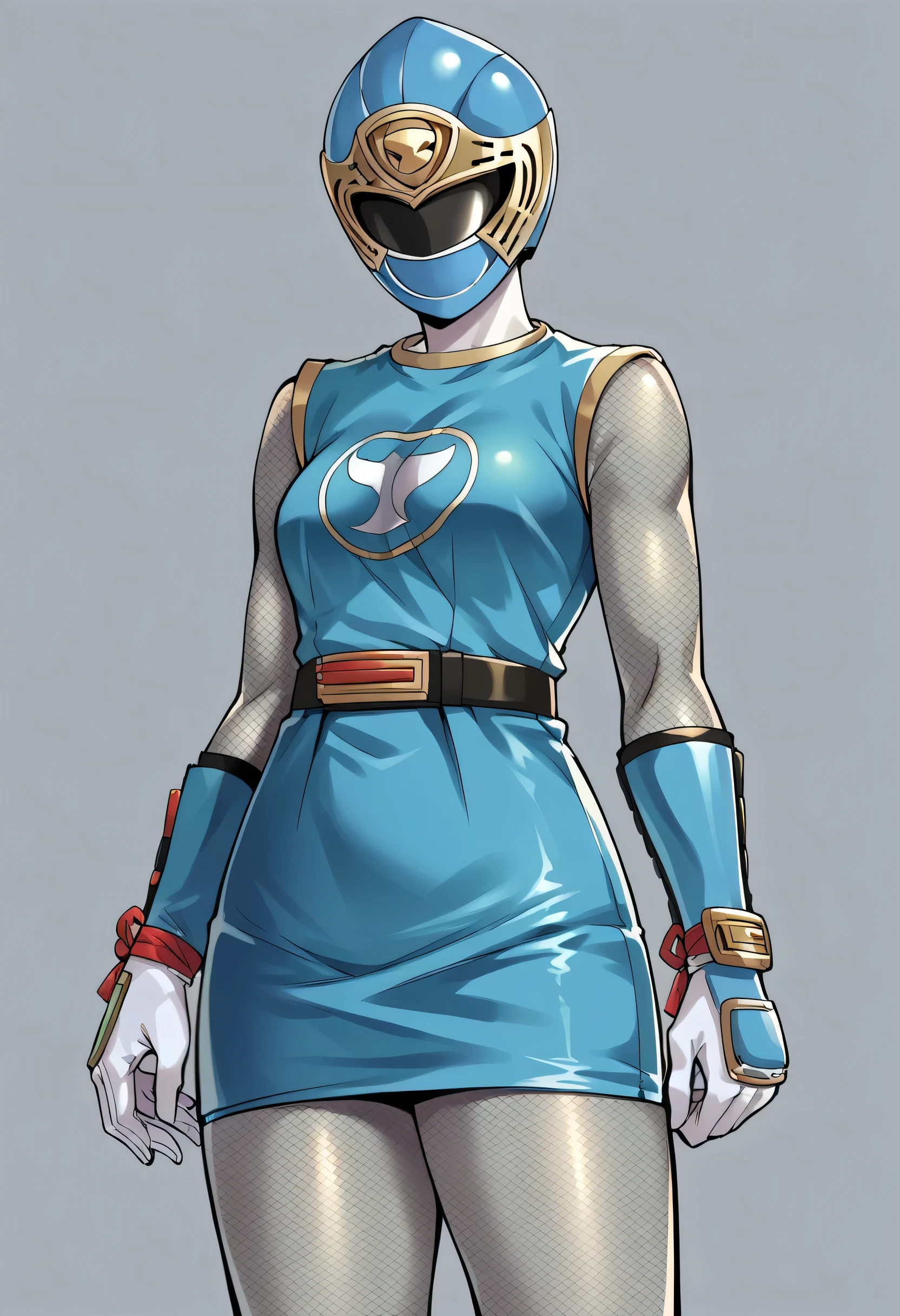 1girl, solo, super sentai, ninja, short dress, sleeveless, fishnets, Fishnet Pantyhose, fishnet armwear, skirt, belt, gloves, helmet, visor, source_anime, masterpiece, japan, samurai