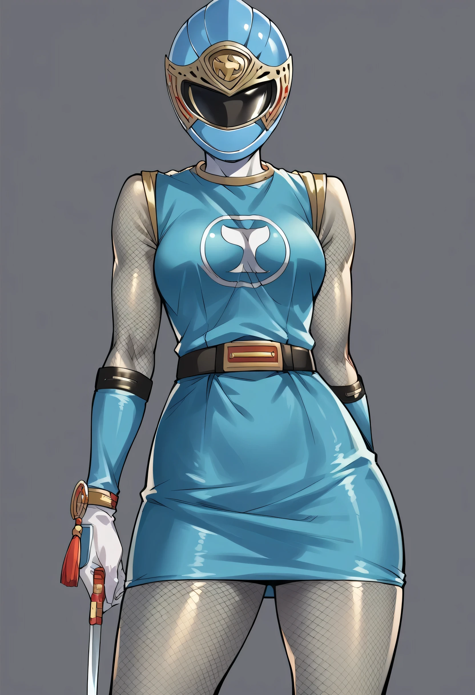 1girl, solo, super sentai, ninja, short dress, sleeveless, fishnets, Fishnet Pantyhose, fishnet armwear, skirt, belt, gloves, helmet, visor, source_anime, masterpiece, japan, samurai