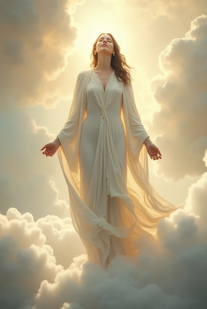 Uma mulher loira, angelical, walking on the skies being accompanied by the sun's rays, Deusa do Sol