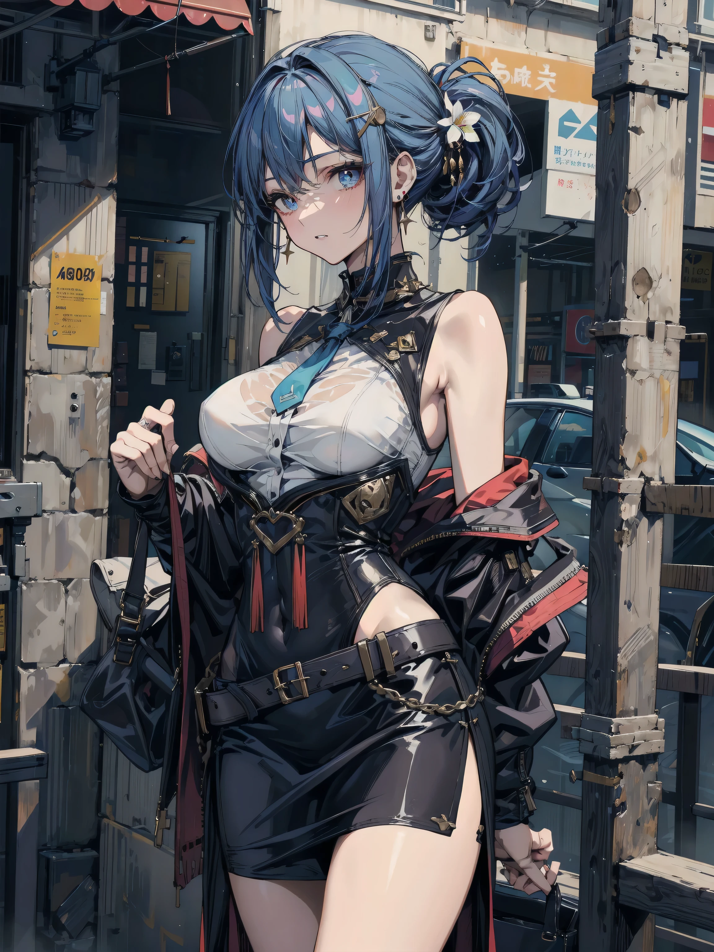 (masterpiece:1.2, best quality), (1lady, solo, upper body:1.2), Hair: shaved on one side, long on the other side, dyed bright blue, Makeup: bold, graphic eyeliner with rhinestones on the outer corners of the eyes, Clothing: a handmade, one-of-a-kind, patchwork jacket with fringe, paired with black leather shorts and fishnet stockings, Accessories: a silver nose ring and multiple ear piercings with unique jewelry pieces, Attending a music festival or alternative fashion event