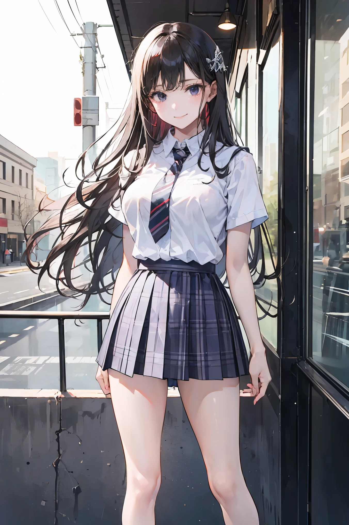  wavy long hair ,  black hair,A girl is standing posing for a photo shoot, uniform  ,    smile, white shirt,   Wearing Red and Grey Striped Neckties  ,    gray plaid skirt with both knees ,    , Outdoor urban environment ,   natural light,  Casual atmosphere  ,  front view, Deep depth of writing , Proportional Exposure ,black and purple panties
