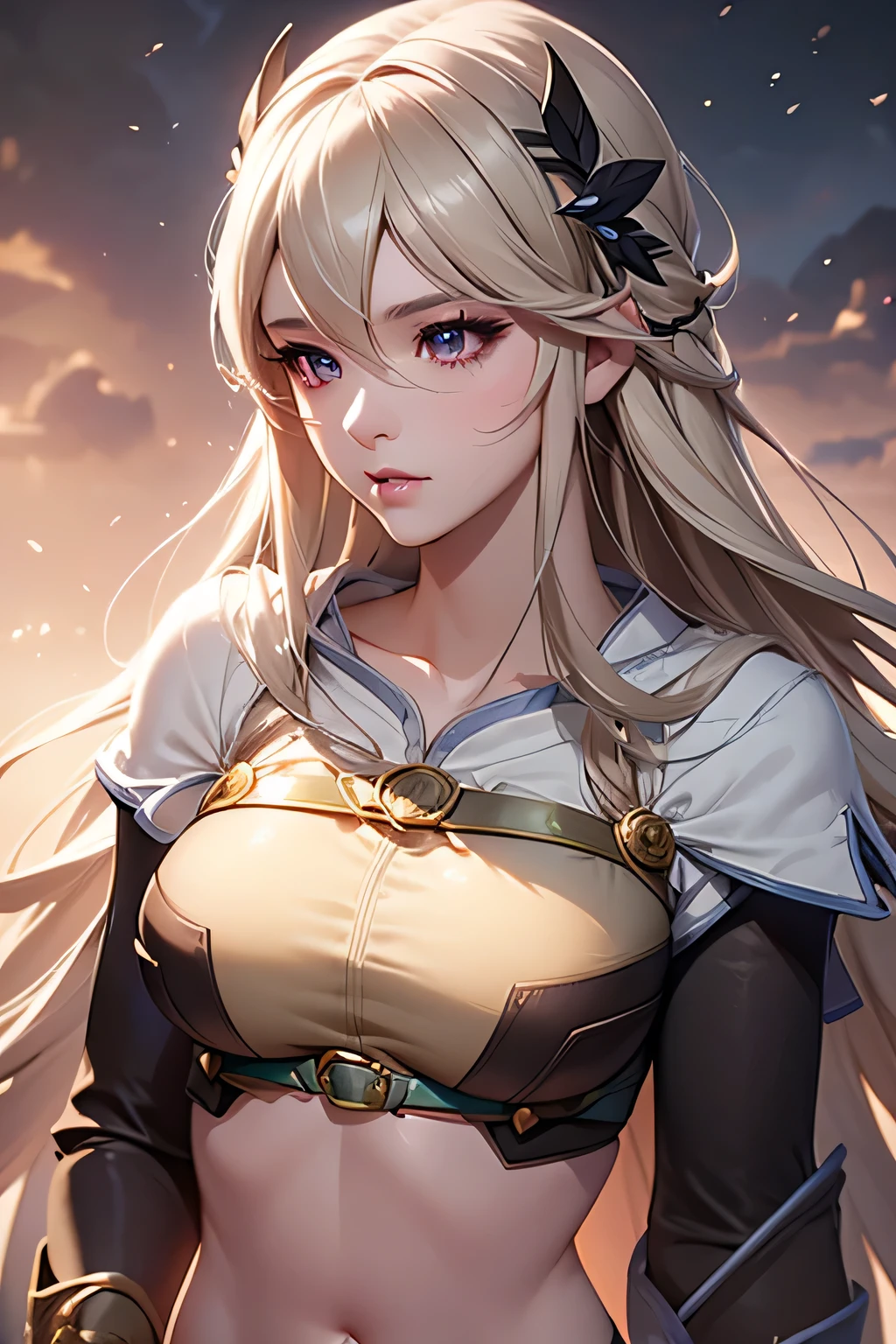 high quality, best quality, detailed portrait, extremely detailed eyes and face, beautiful detailed eyes, beautiful detailed lips, longeyelashes, detailed hair, detailed skin, 1girl, Corrin, fire emblem, fantasy character, beautiful woman, elegant pose, dramatic lighting, cinematic composition, mystical atmosphere, warm color palette, glowing skin, ethereal beauty